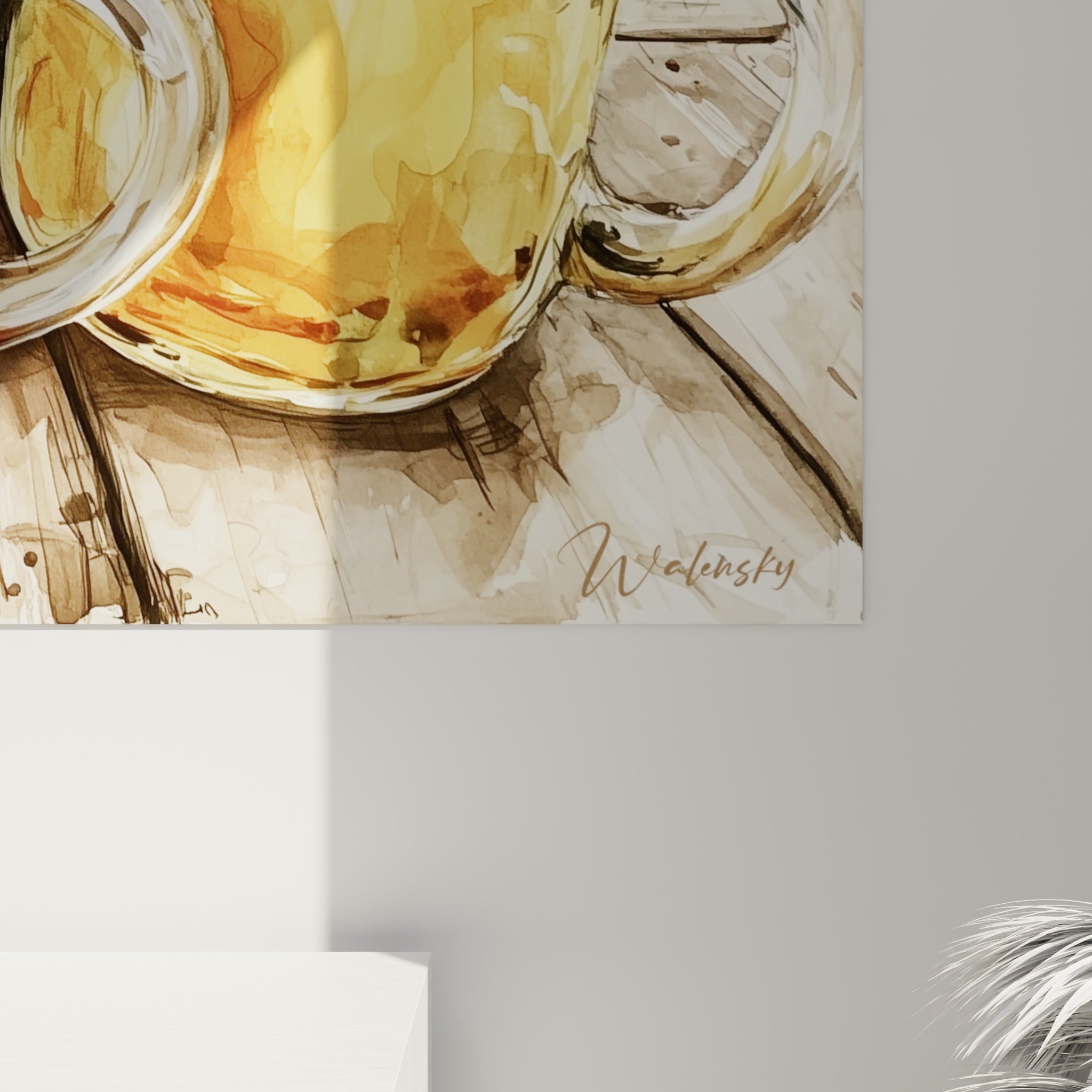 Empâtements et coulures aquarelle sur les reflets de verre ambré et la mousse blanche de la bière