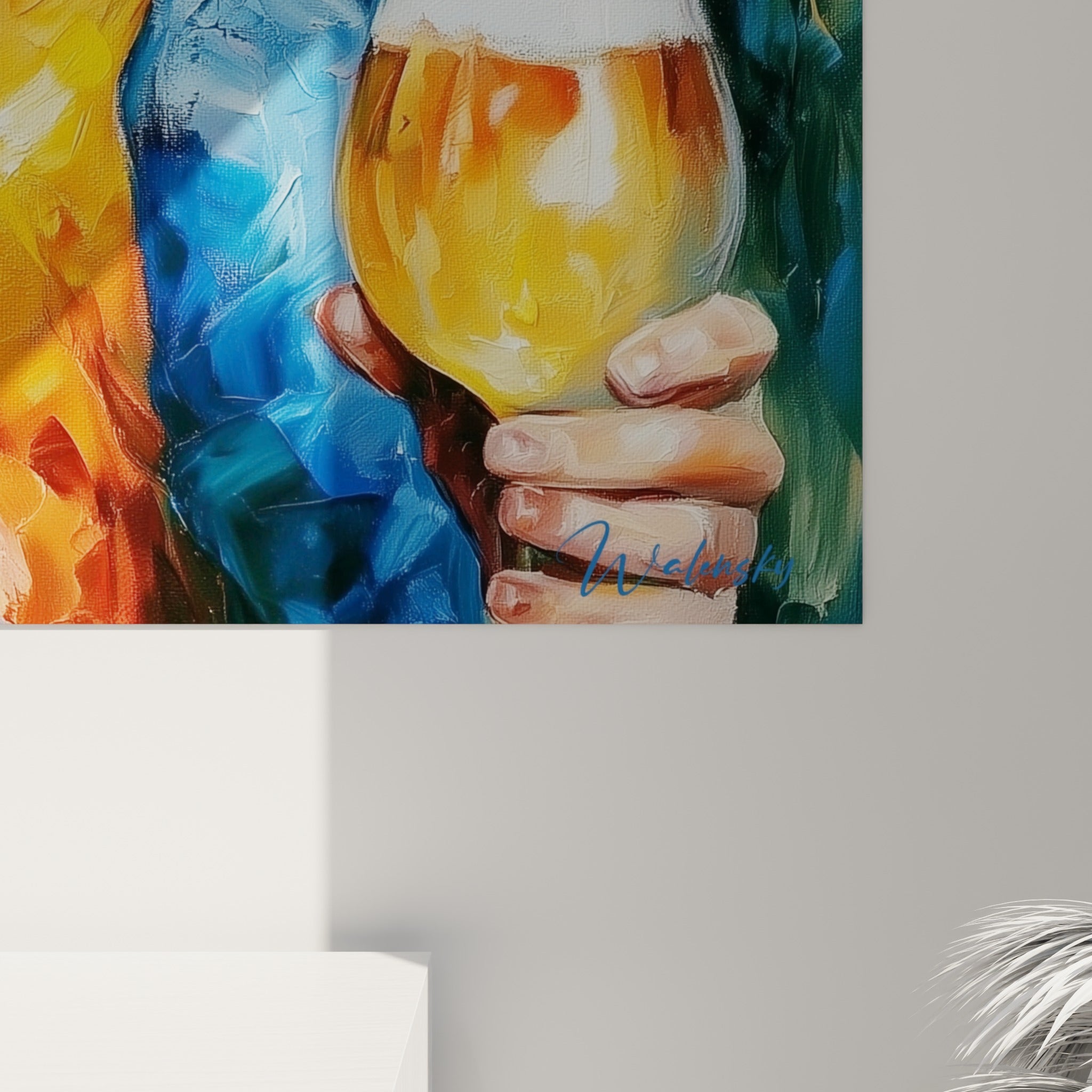 Empâtements et coulures bleu marine et orange révélant la texture épaisse de la peinture au couteau