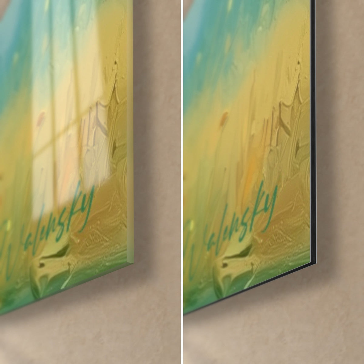 Tableau chope de bière dorée, mousse blanche et houblon vert, coin bas droit en verre acrylique brillant et alu Dibond mat, tranche de 3 mm