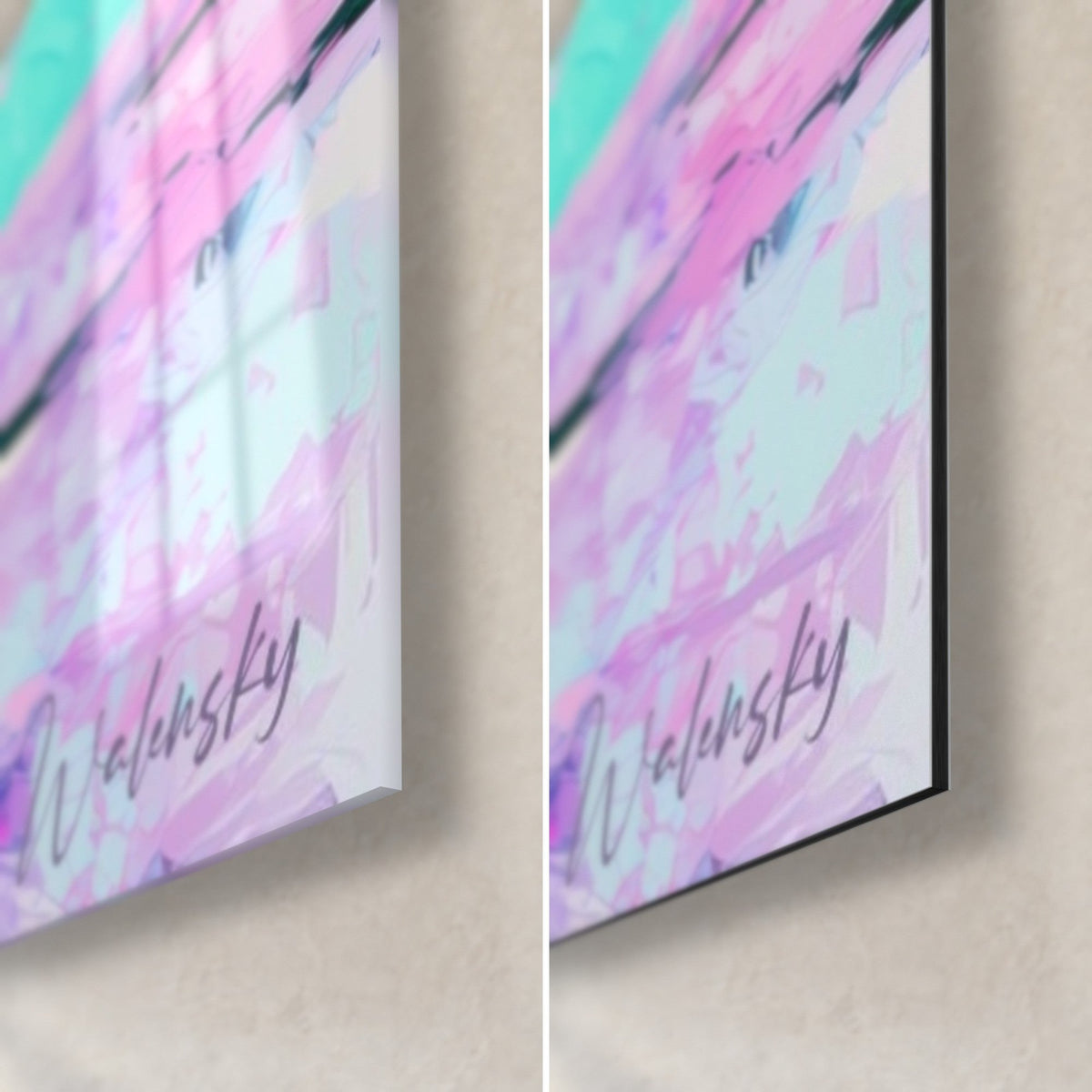 Tableau chope de bière jaune et rose, coin bas droit : verre brillant à gauche, Dibond noir mat à droite, signature Walensky