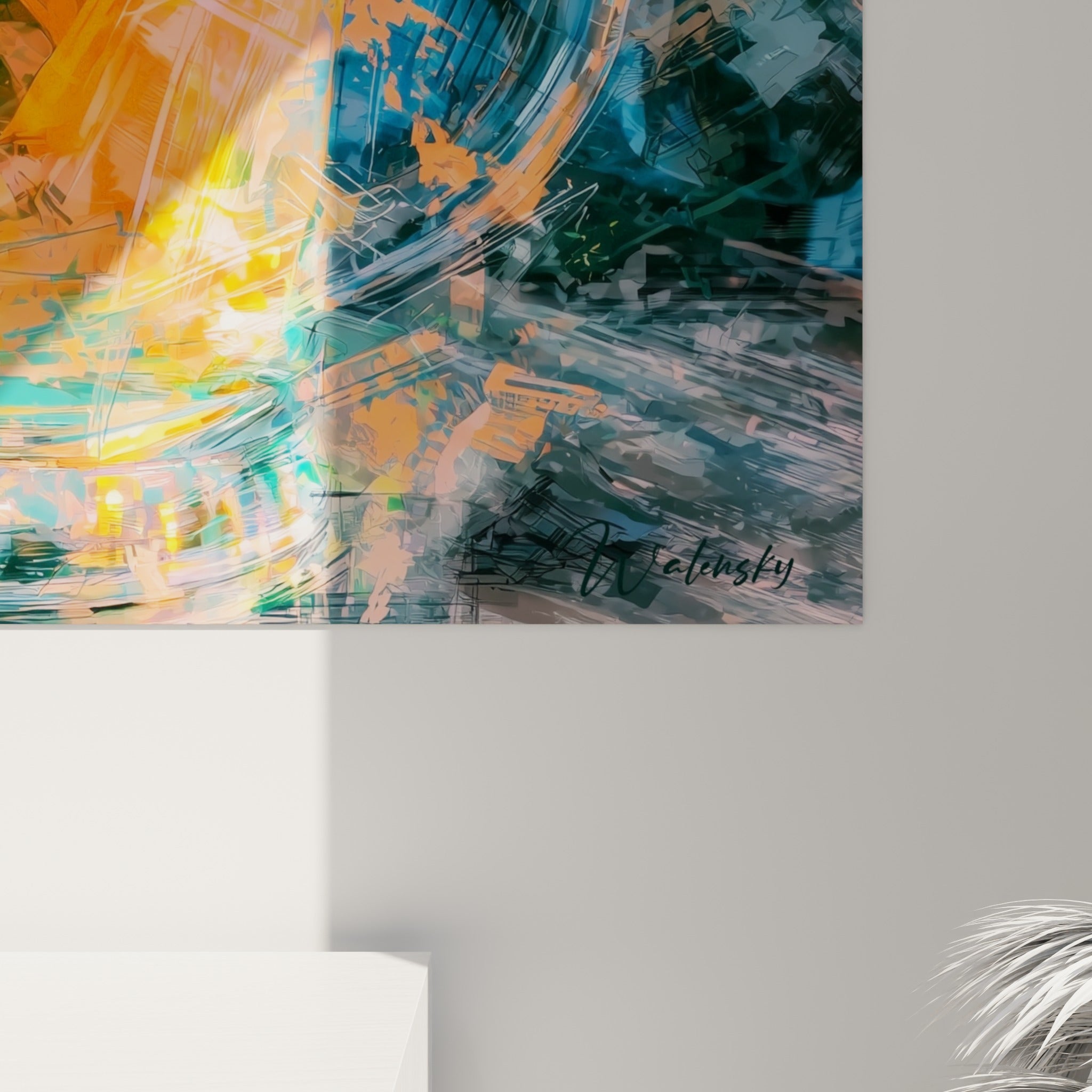 Empâtements colorés mêlant orange vif et bleu pétrole visibles sur la matière de l'impression accrochée