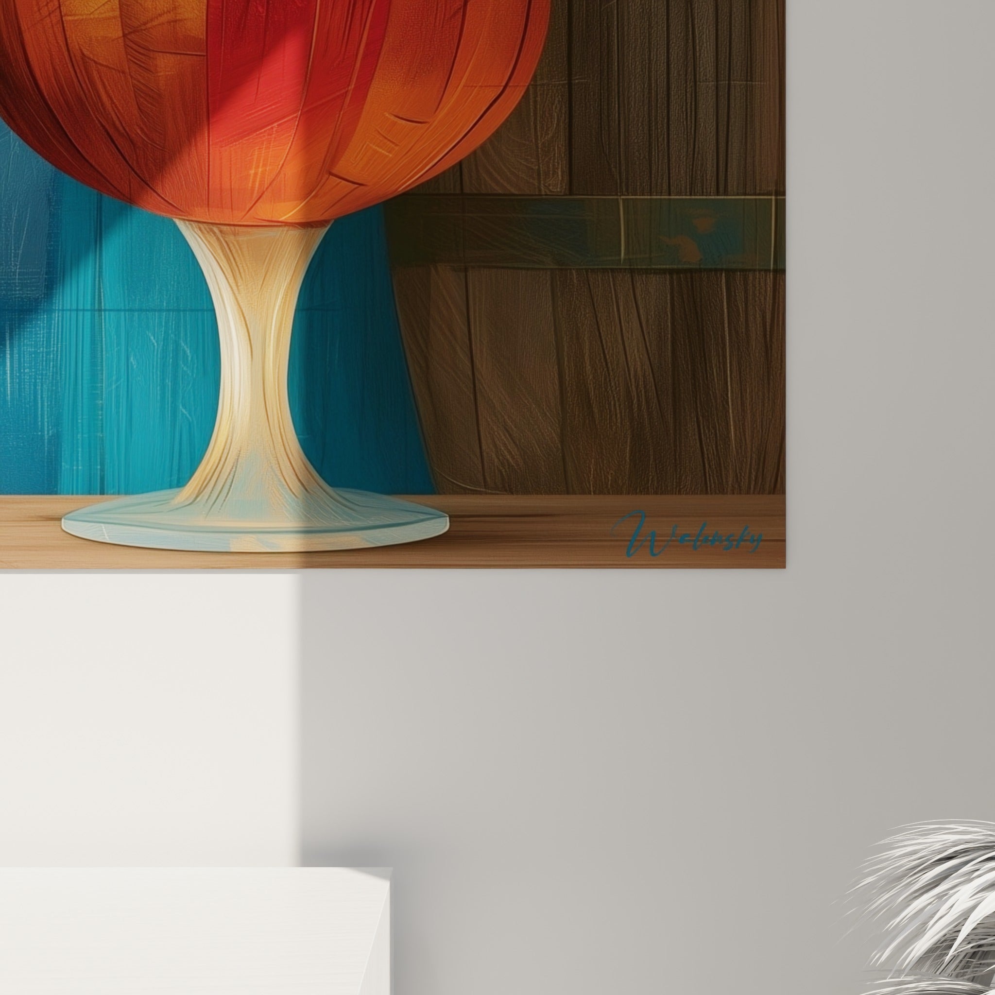Empâtements et coulures visibles sur le verre ambré, textures bois du tonneau anthracite et touches bleu profond