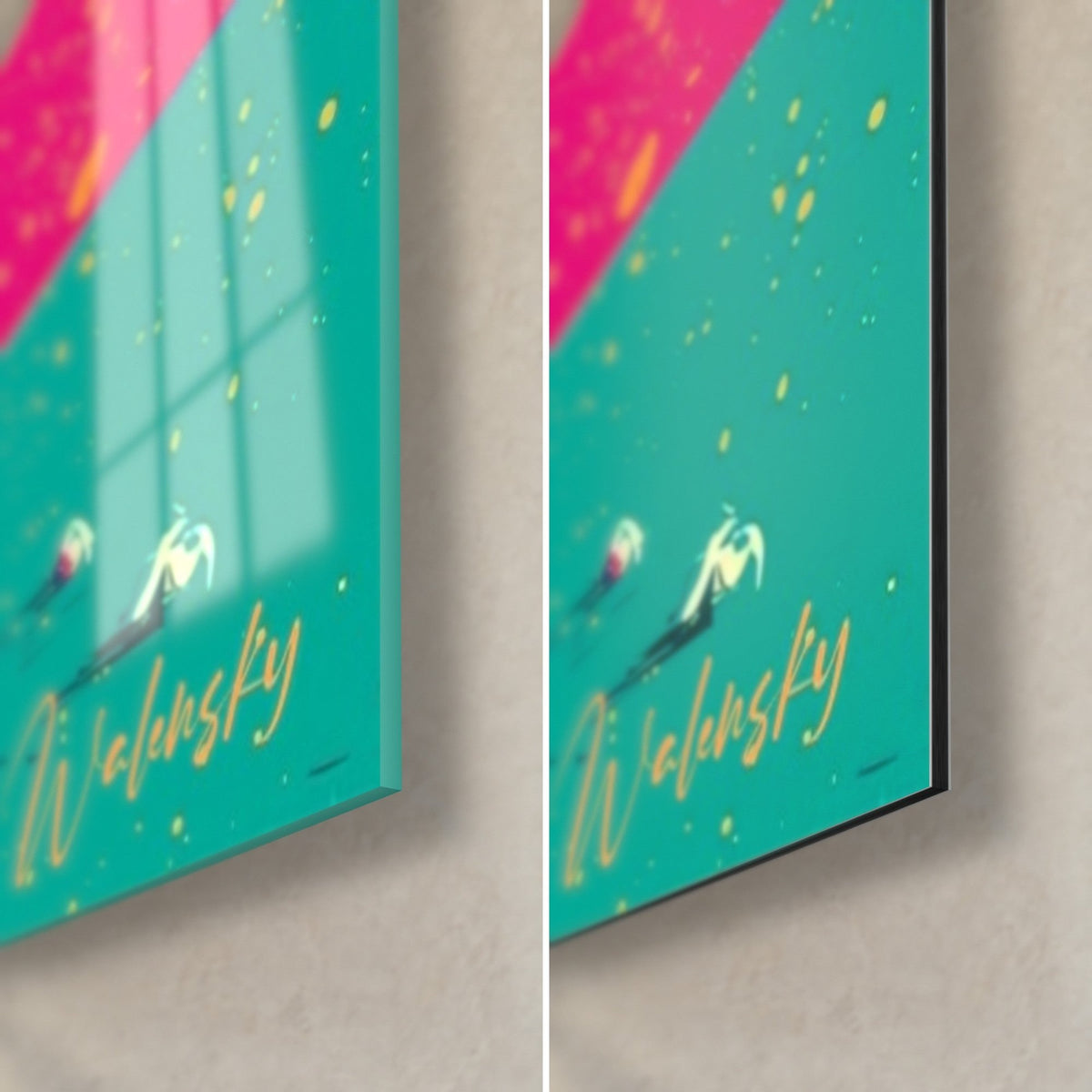 Tableau bière rose et orange, coin bas droit : verre acrylique brillant à gauche, Dibond mat noir à droite