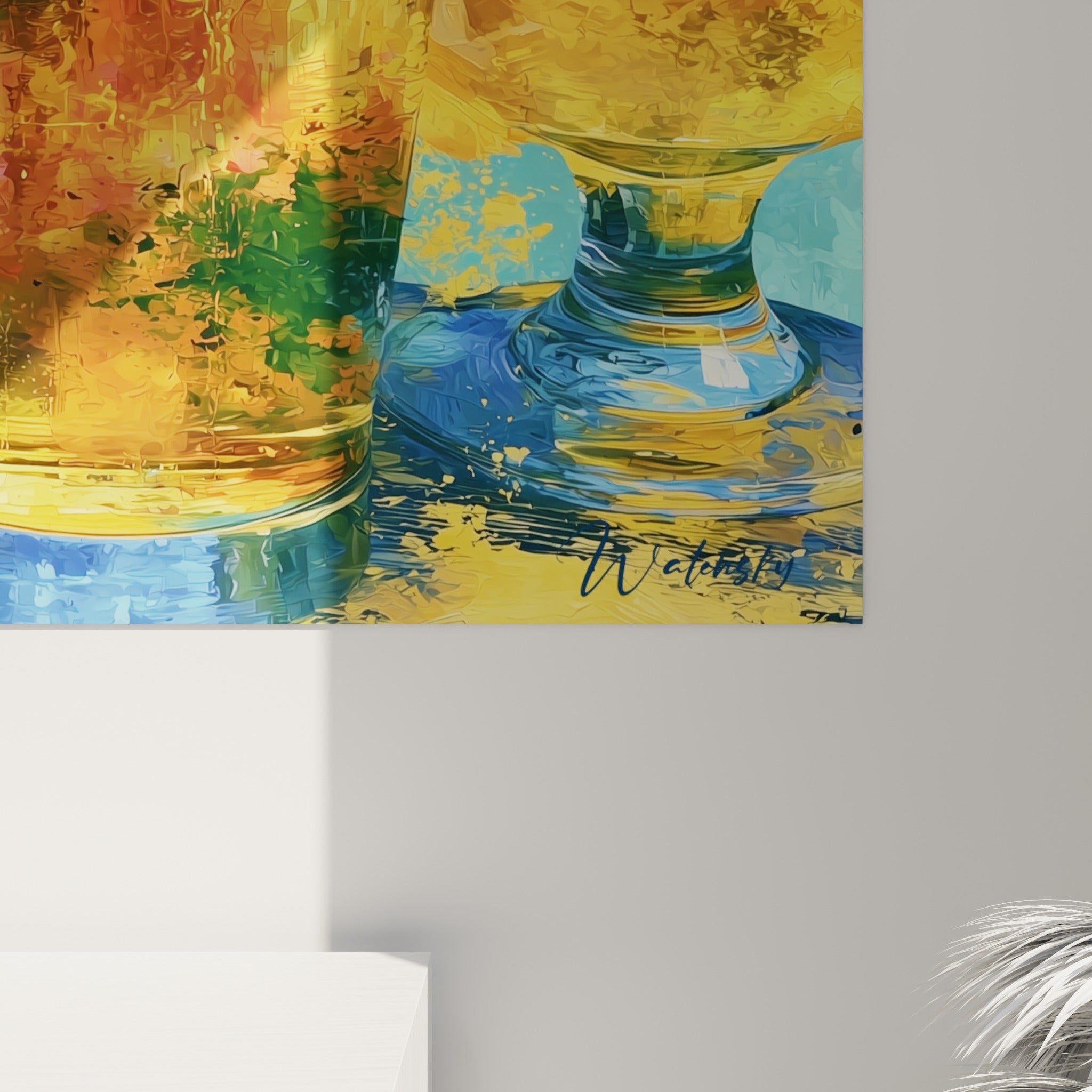 Empâtements colorés en rose fuchsia et bleu-vert révélant la matière épaisse de la peinture sur les verres