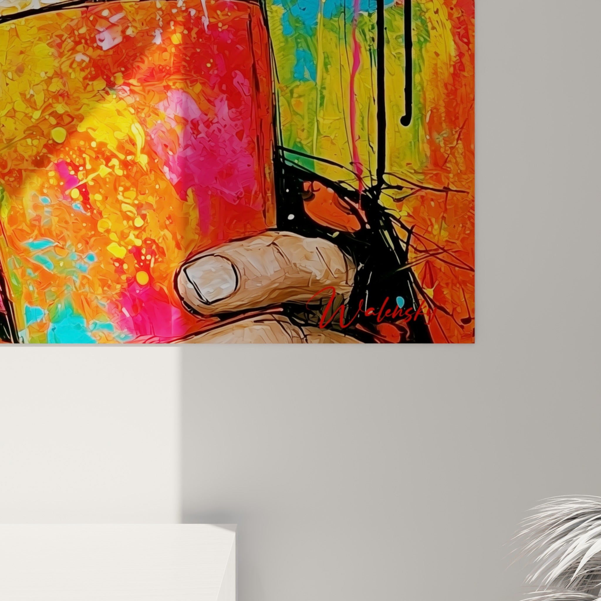 Empâtements de peinture turquoise et orange sur la barbe, coulures noires visibles en gros plan sur la toile