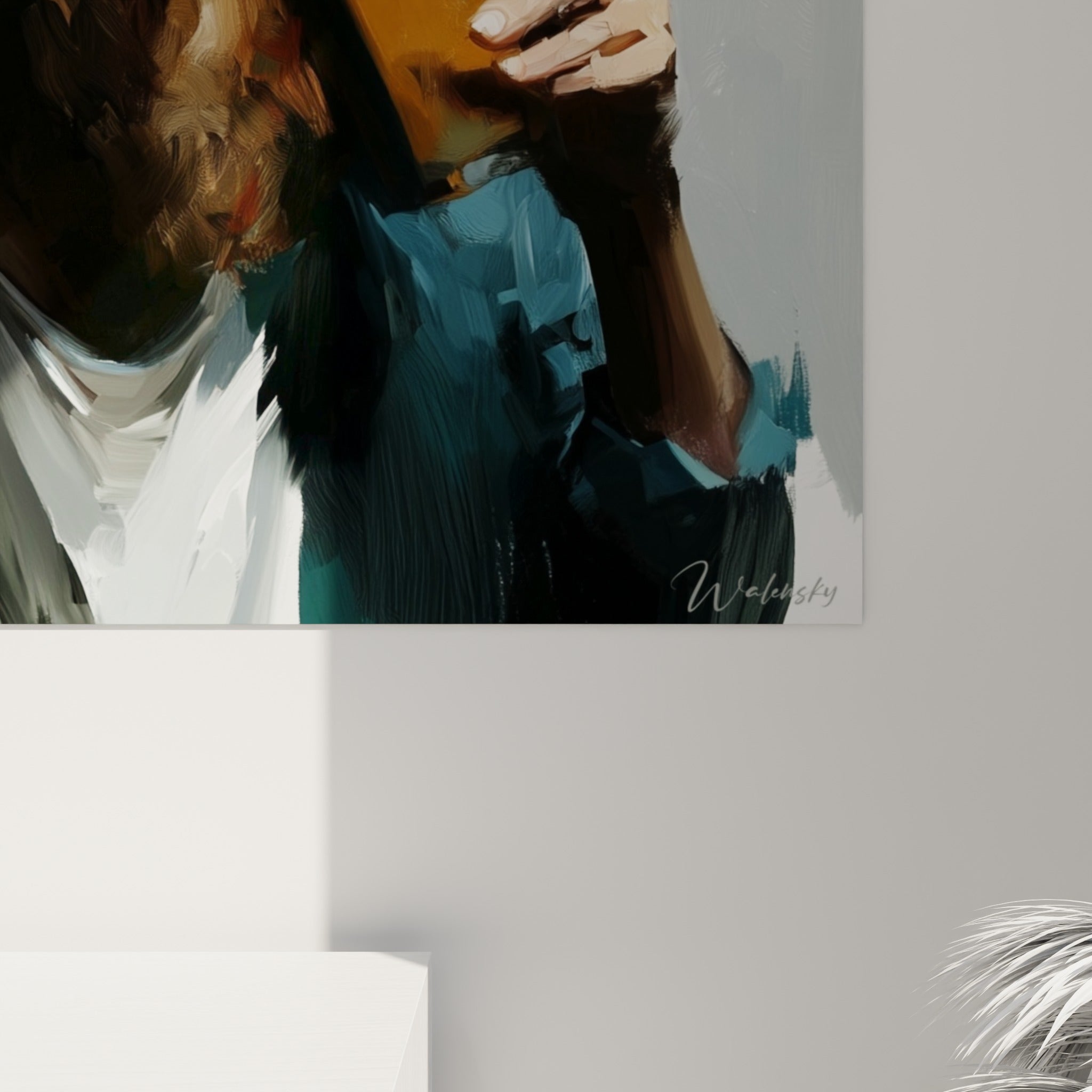 Empâtements de peinture gris et doré révélant la texture du verre de bière et de la barbe rousse