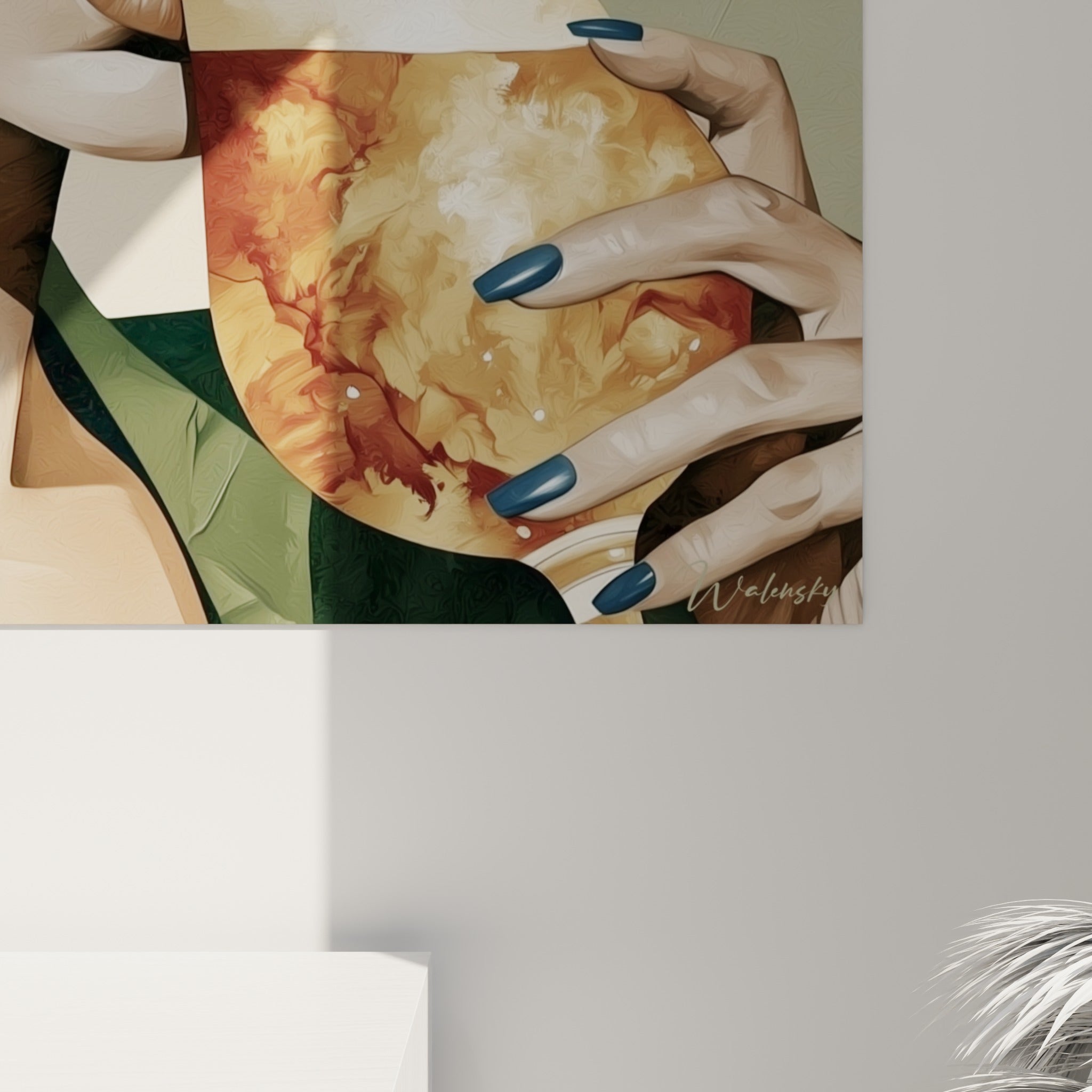 Détail du grain pictural sur les tons ocre et bleu marine du visage et du verre à bière