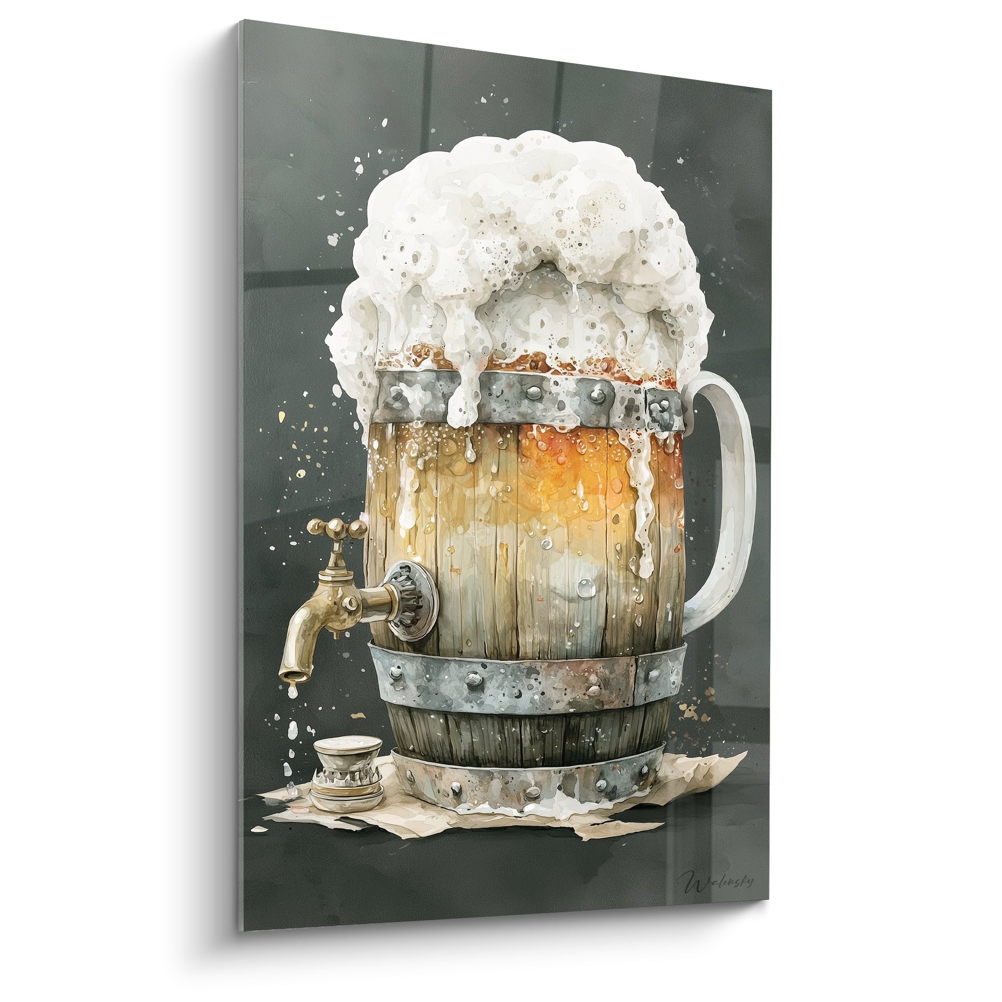 Chope tonneau bois ocre et mousse blanche débordante sur fond anthracite avec robinet doré