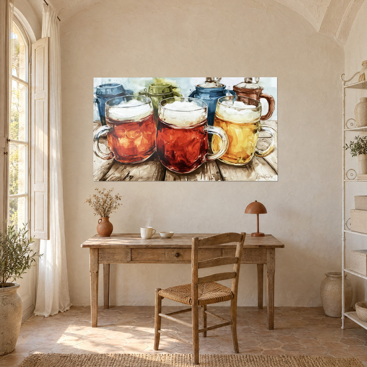 Wall art trio of frothy beer mugs, deep red and golden yellow beer, watercolour on wood, facing a wooden desk in the farmhouse