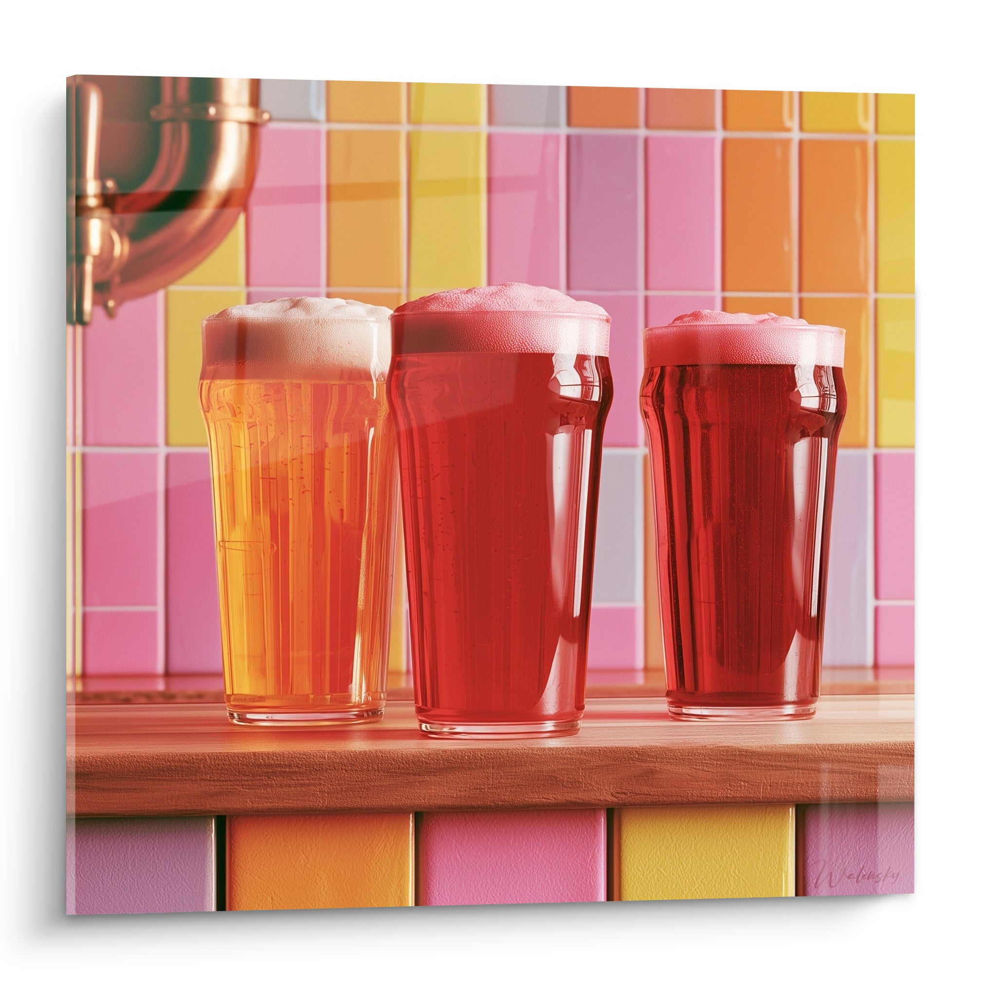 Bière rose fuchsia et dorée, trois pintes mousseuses sur comptoir devant carrelage coloré