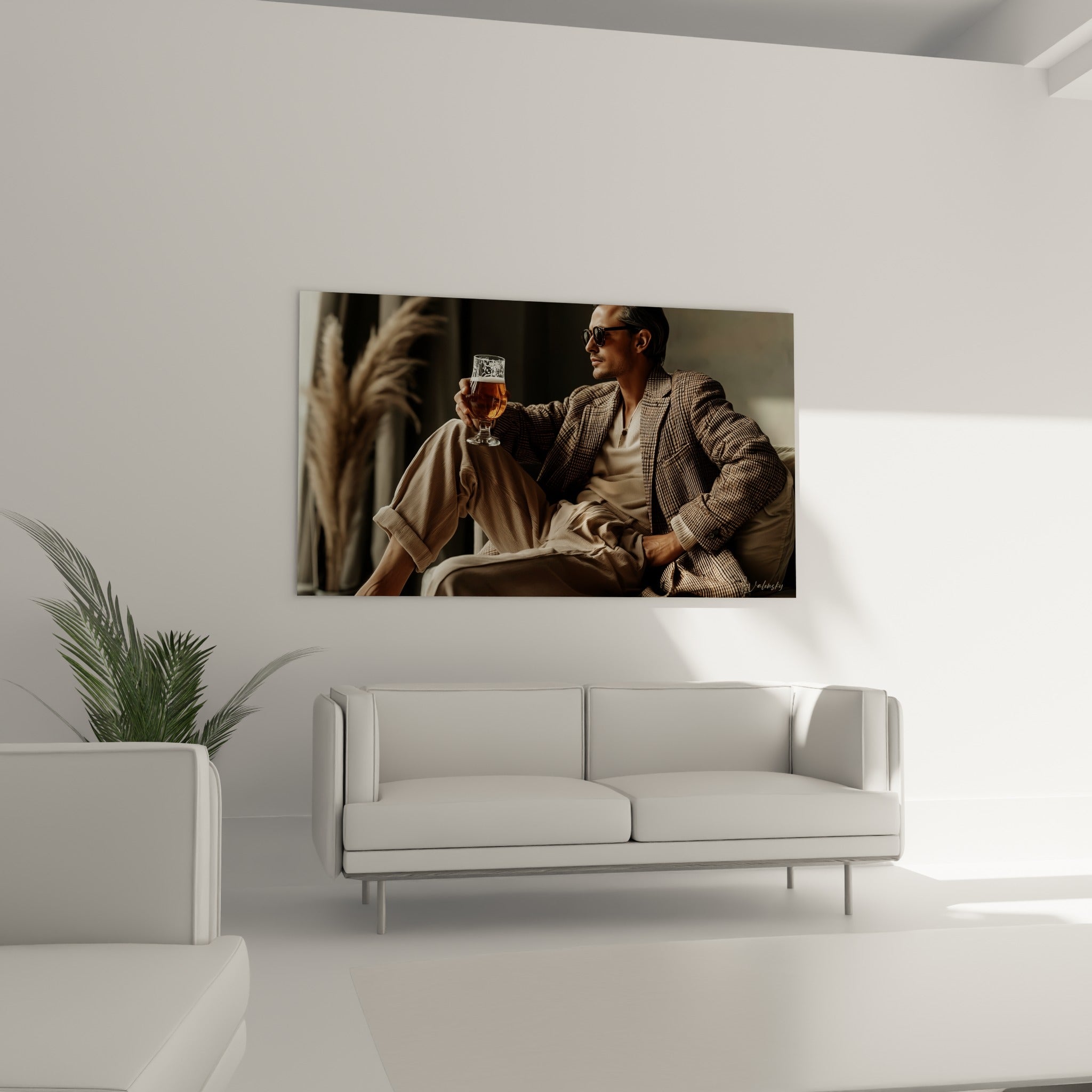 Silhouette masculine en costume anthracite et beige avec un verre à la main, au-dessus d'un canapé dans un salon lumineux