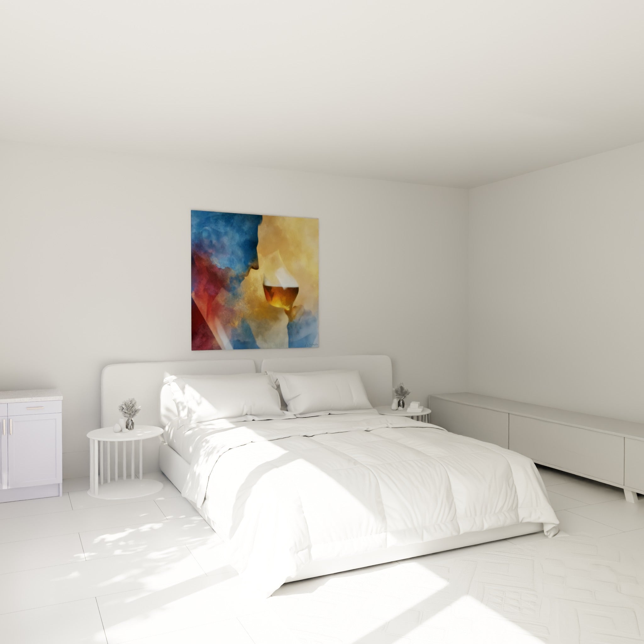 Verre ambré et profil bleuté peints au-dessus d'un lit dans une chambre claire