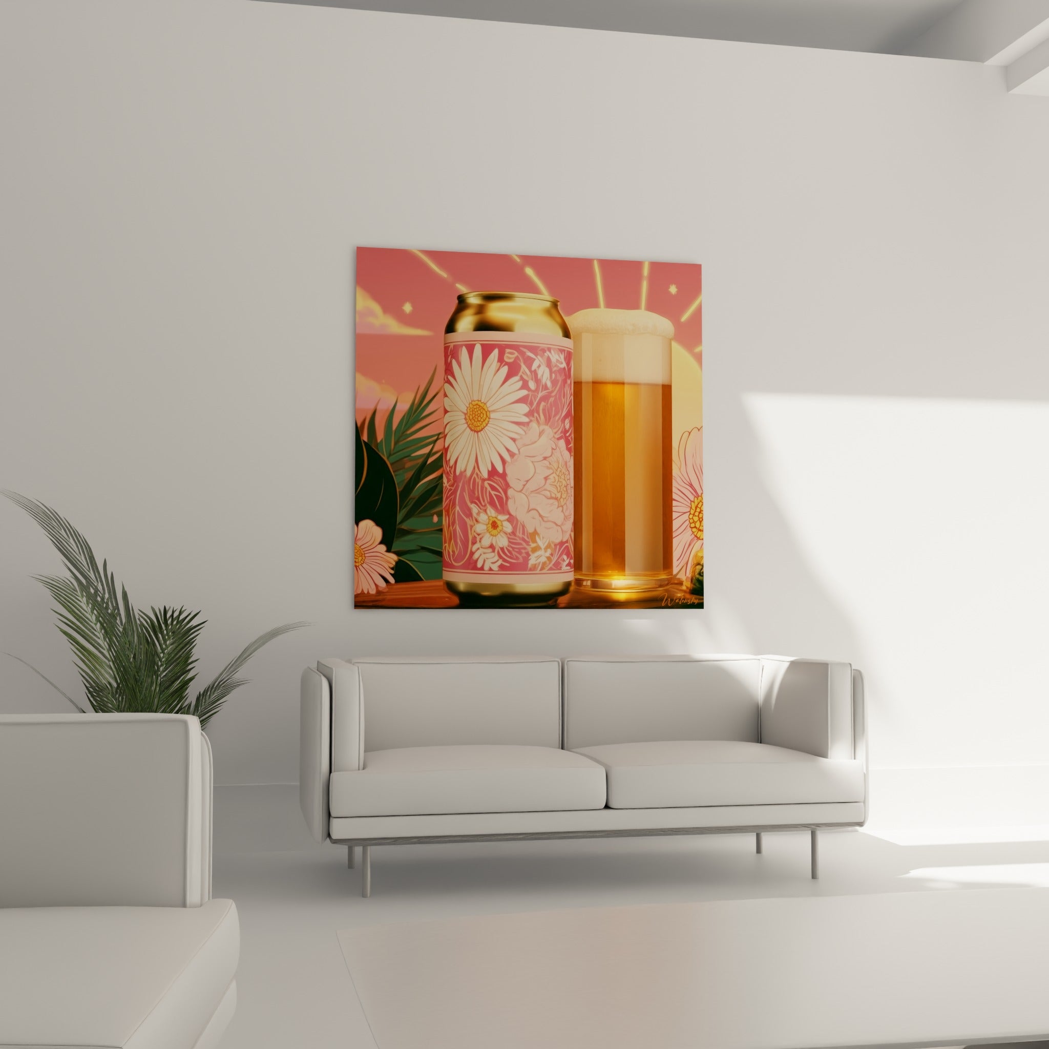 Verre de bière ambrée et fleurs roses pastel, au-dessus d'un canapé dans un salon lumineux