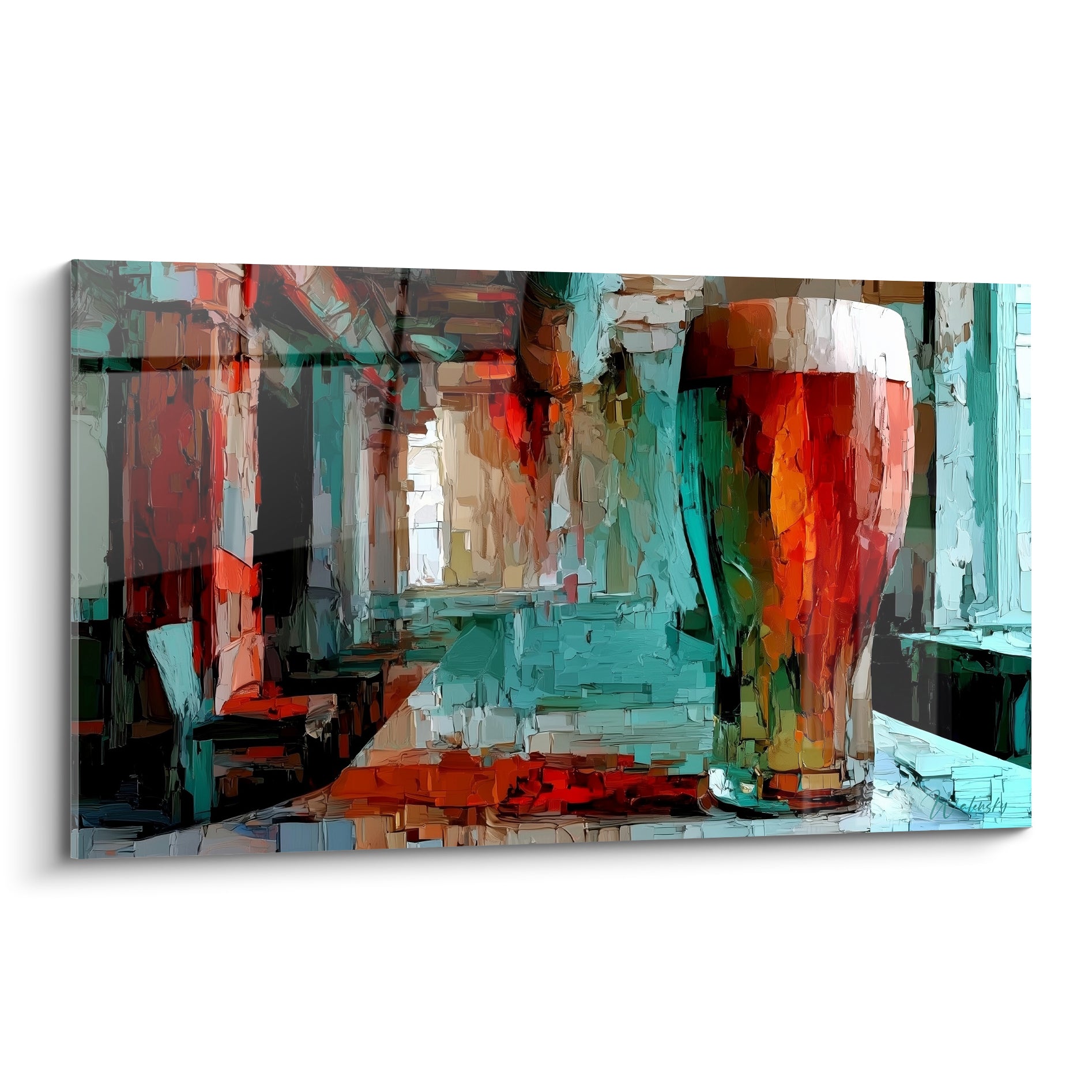 Verre de bière ambre et mousse blanche peint en touches turquoise et terracotta épaisses