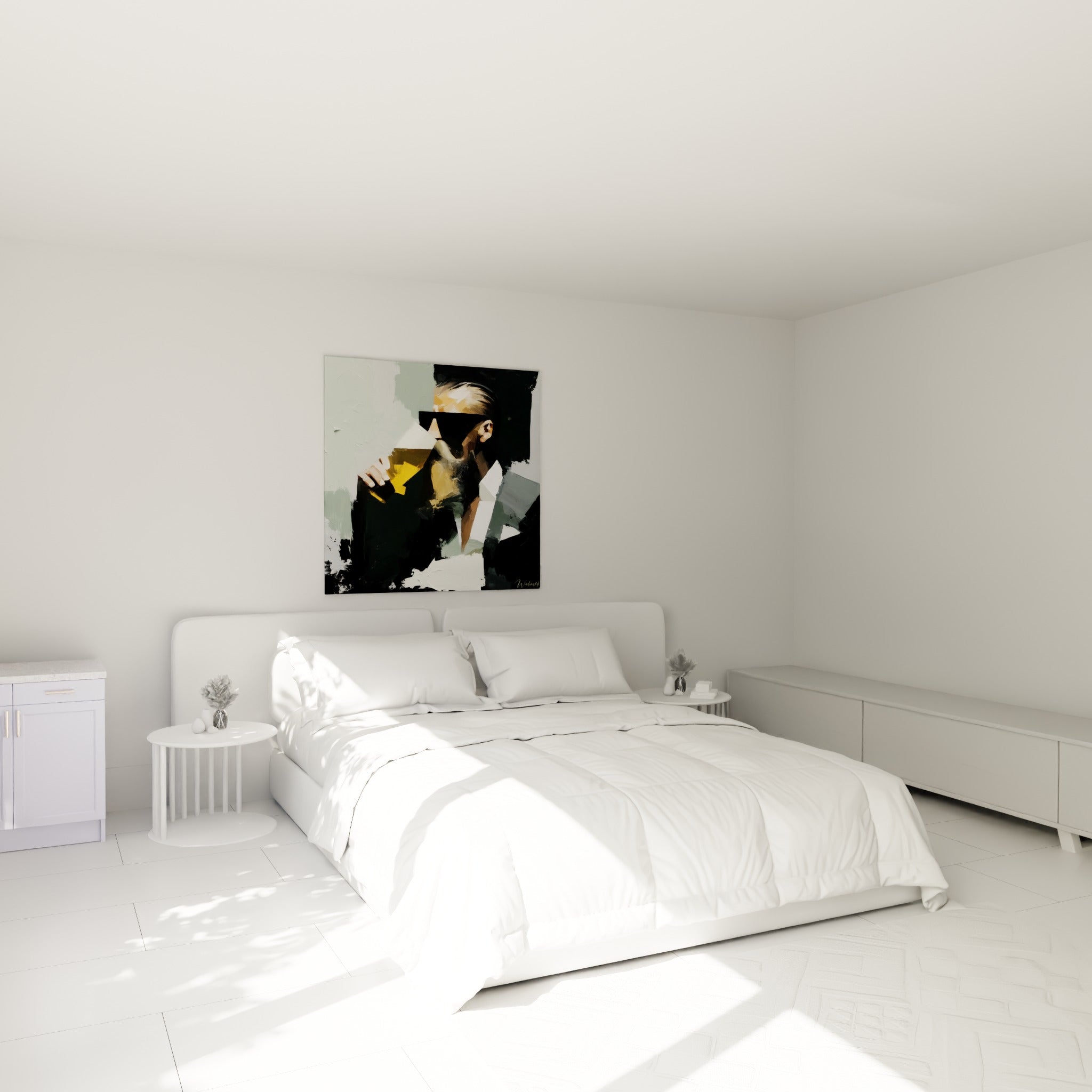Personnage tenant un verre doré, tons noirs et blancs, accroché au-dessus d'un lit dans une chambre claire