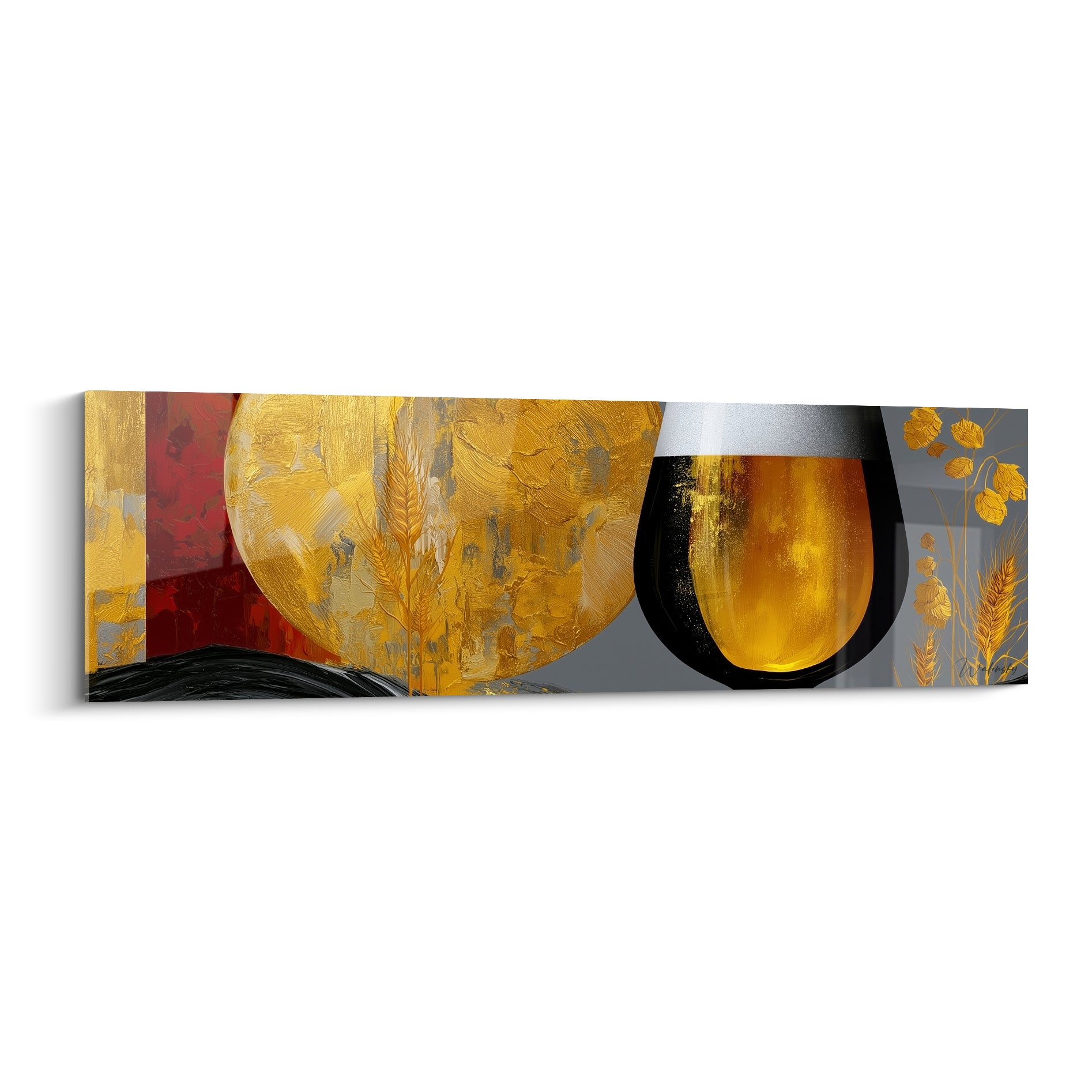 Verre de bière doré à mousse argentée et cercle ocre sur fond anthracite et rouge