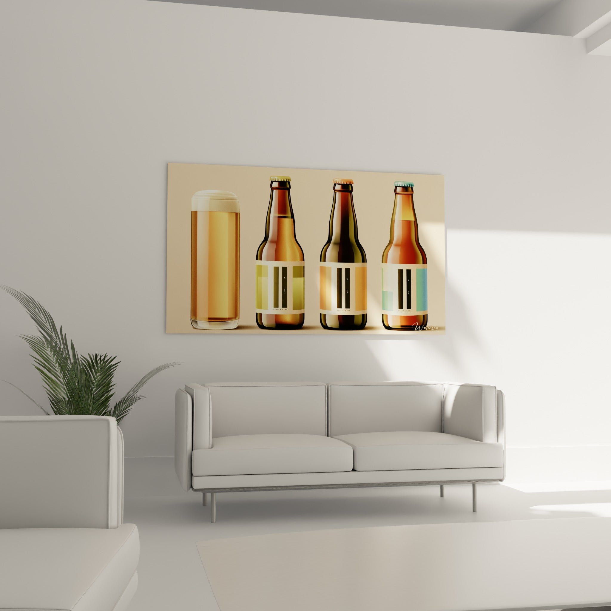 Étiquettes minimalistes bière terracotta et vert olive, suspendues au-dessus d'un canapé dans un salon lumineux