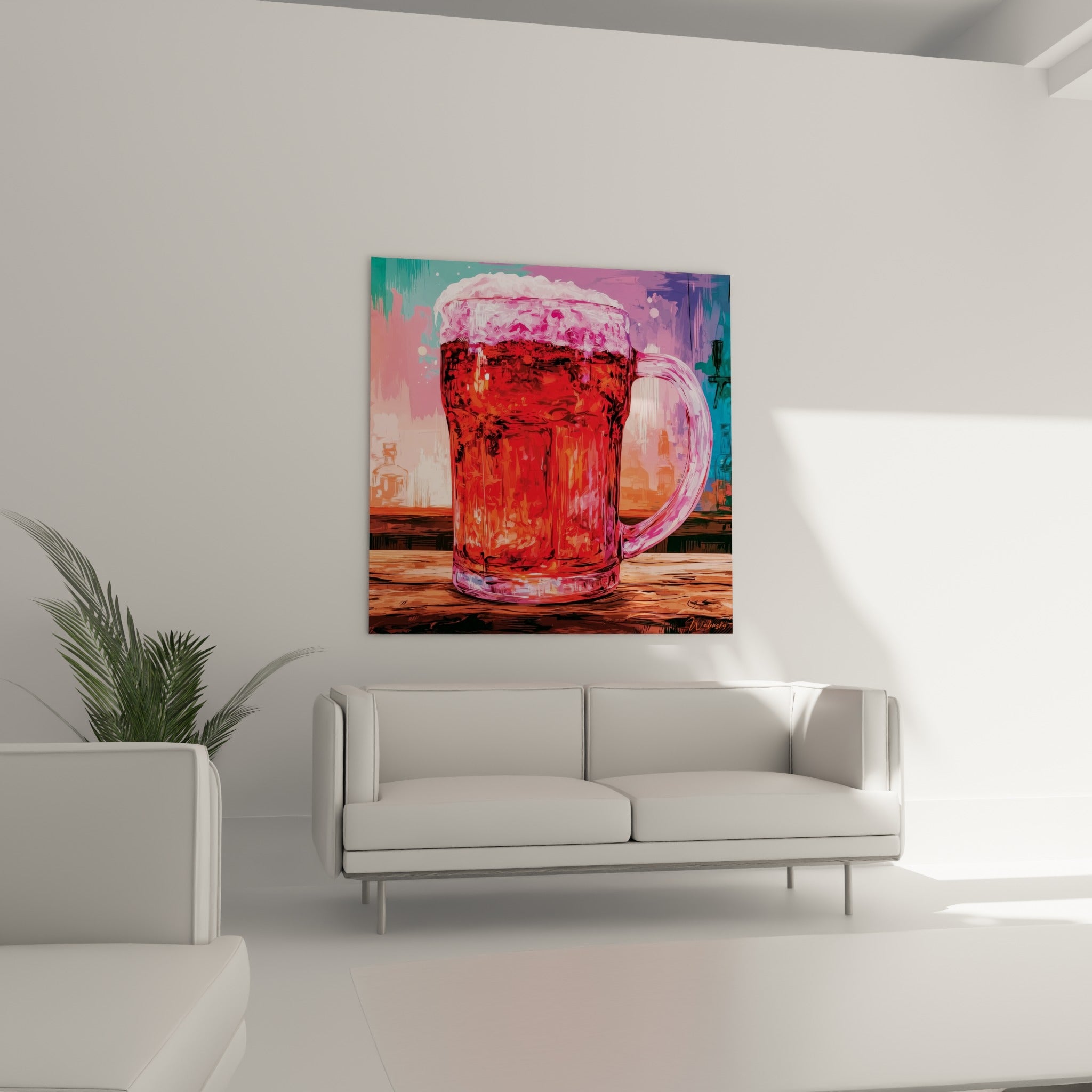 Mousse blanche et rosée coiffant une bière rouge intense, au-dessus d'un canapé dans un salon lumineux