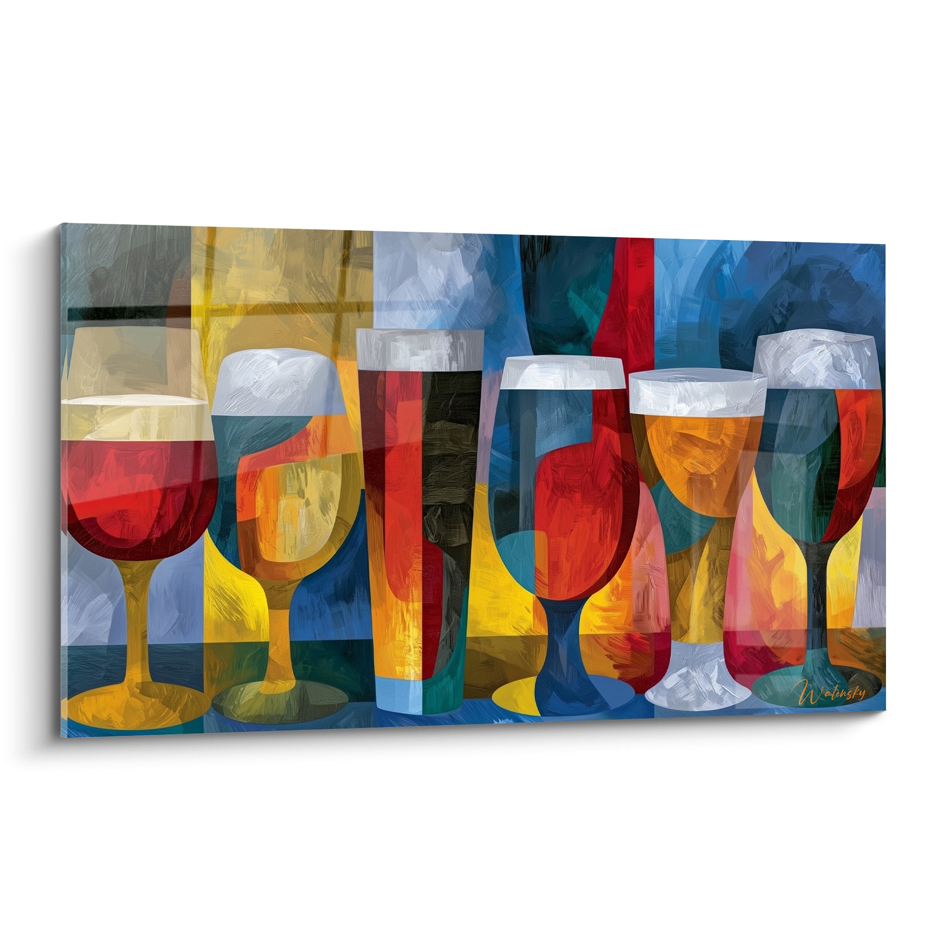 Six verres de bière ambrée et bleu marine peints sur fond géométrique cubiste coloré
