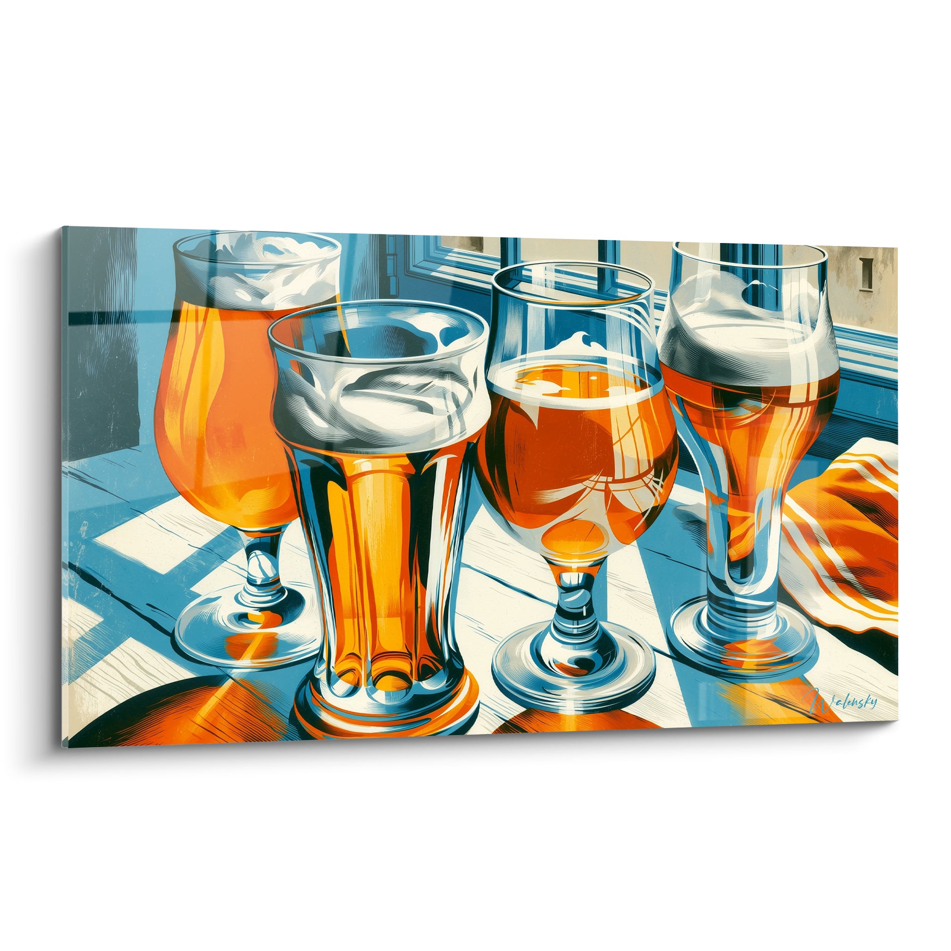 Quatre verres de bière ambrée et bleu illustrés sur une table à carreaux lumineuse