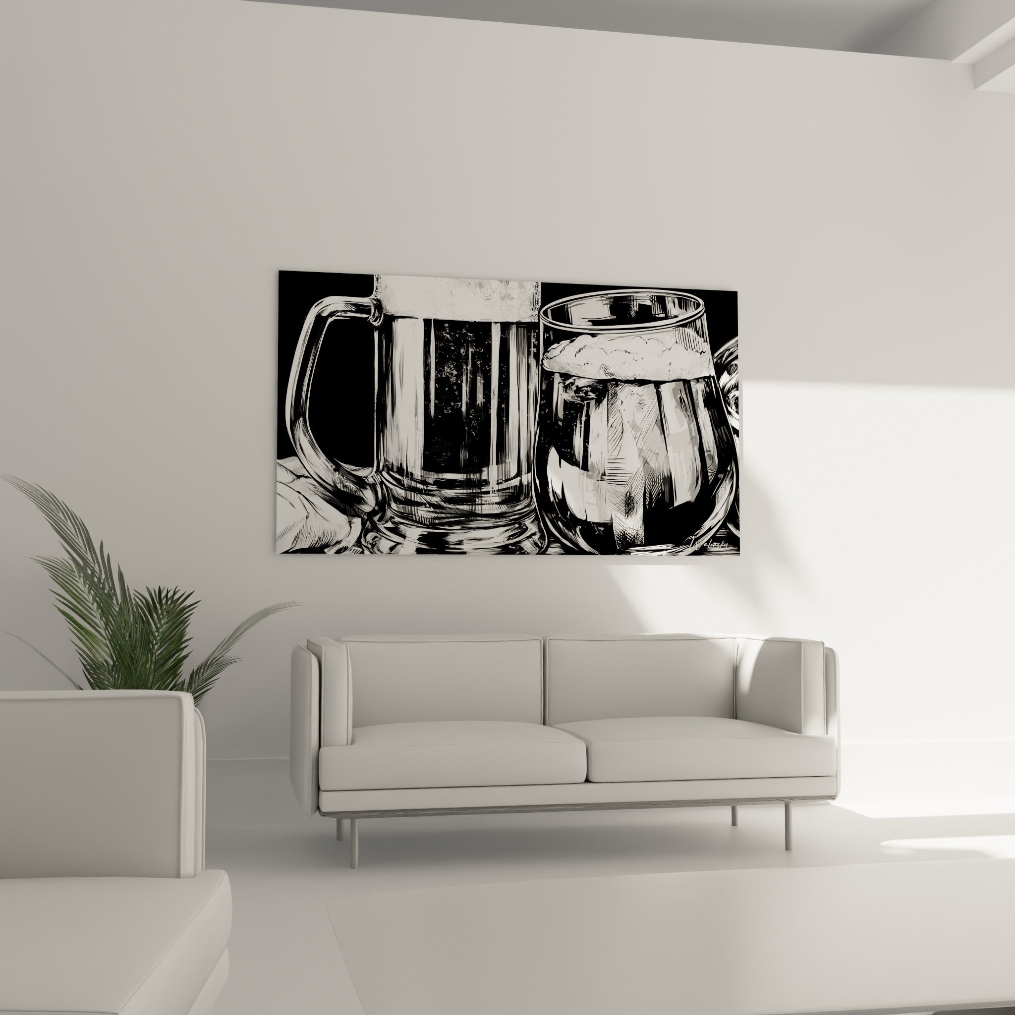 Verres de bière noir et blanc aux reflets contrastés, au-dessus d'un canapé dans un salon lumineux