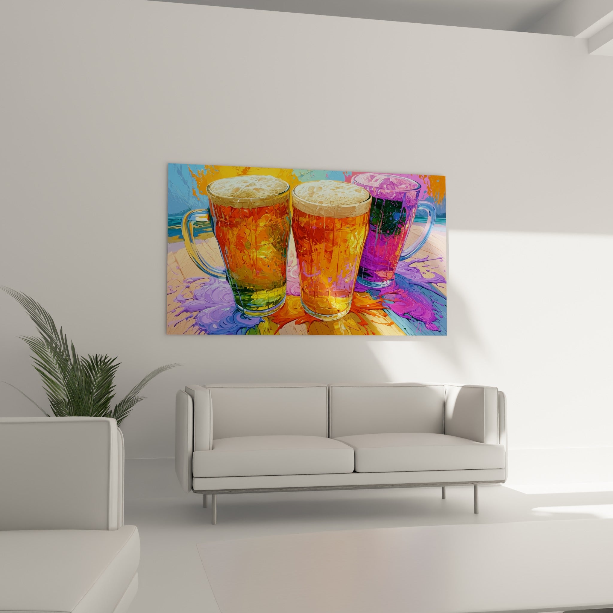 Verres de bière ambrés et violets aux reflets brillants, disposés au-dessus d'un canapé dans un salon lumineux