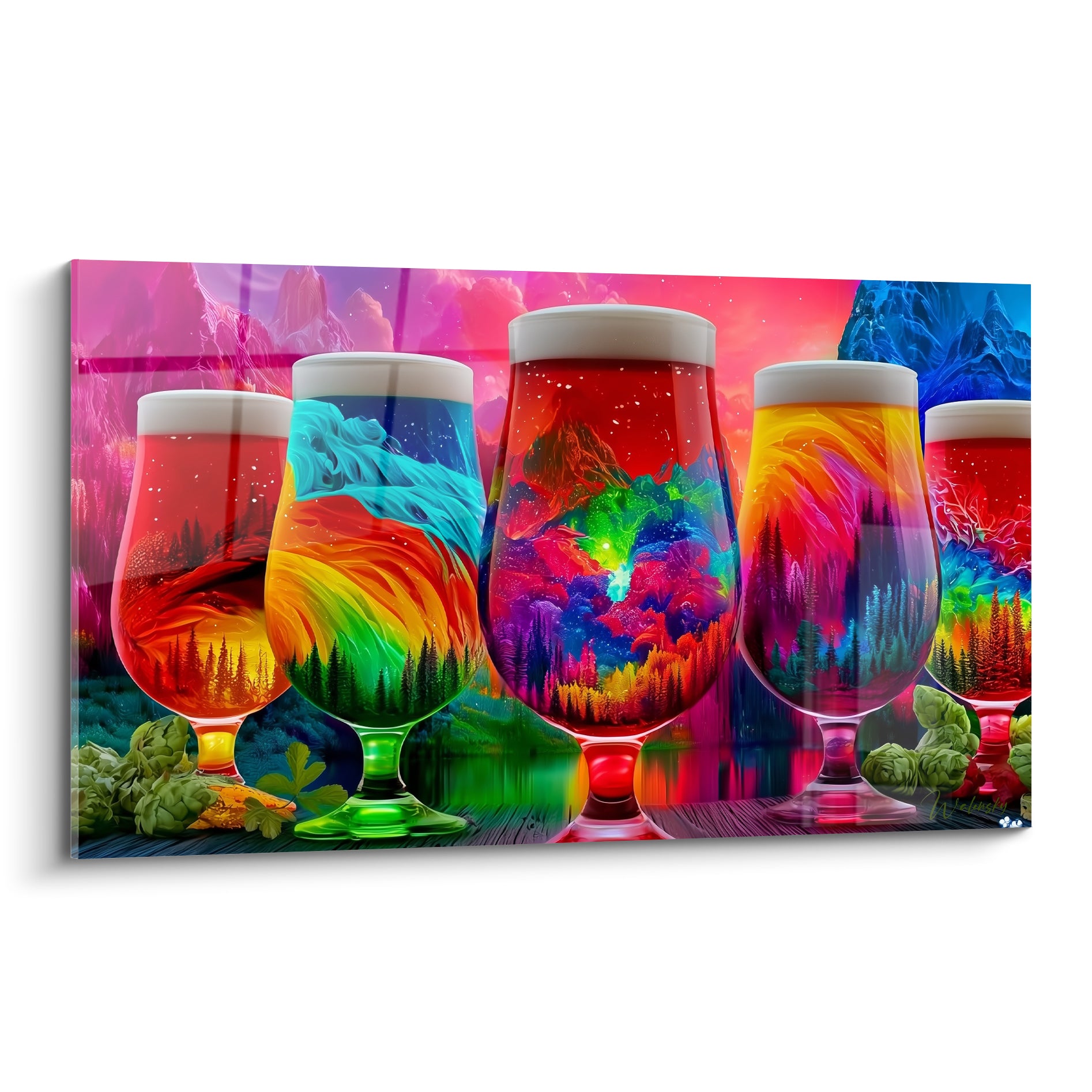 Cinq verres à bière rose et turquoise renfermant des paysages fluorescents et des cônes de houblon