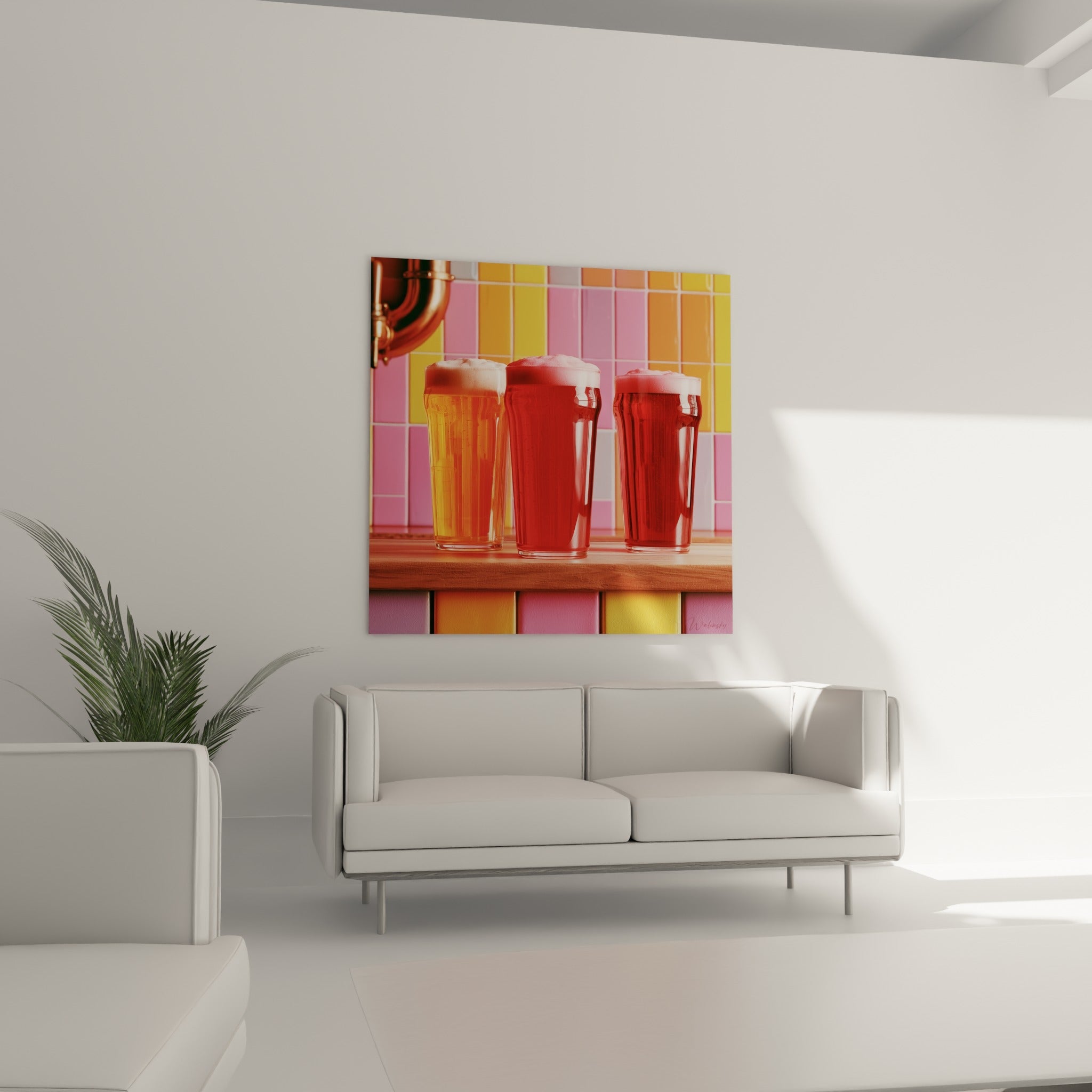 Verres de bière fuchsia et doré alignés sur bois clair, au-dessus d'un canapé dans un salon lumineux