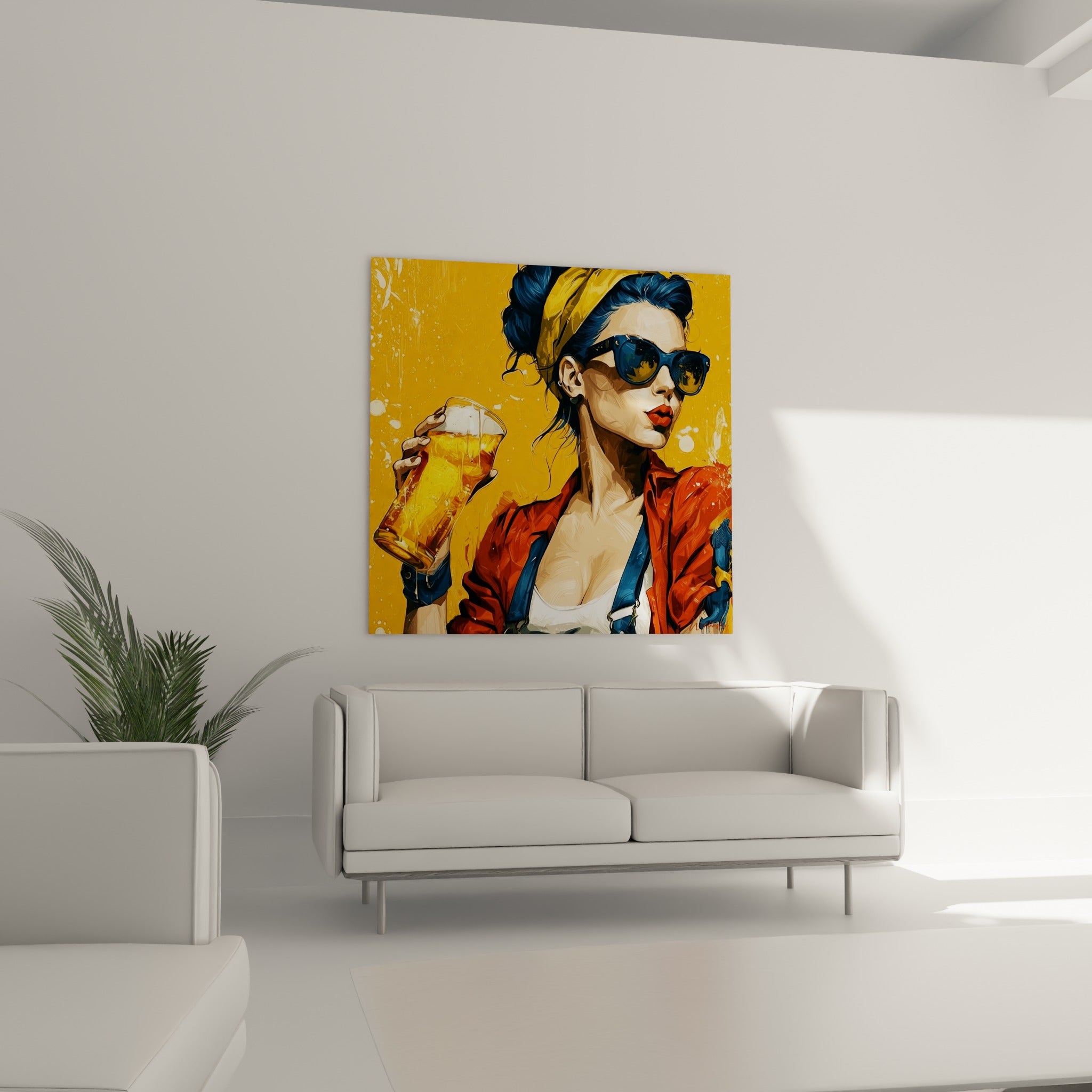 Silhouette en veste rouge et foulard jaune levant son verre, au-dessus d'un canapé dans un salon lumineux