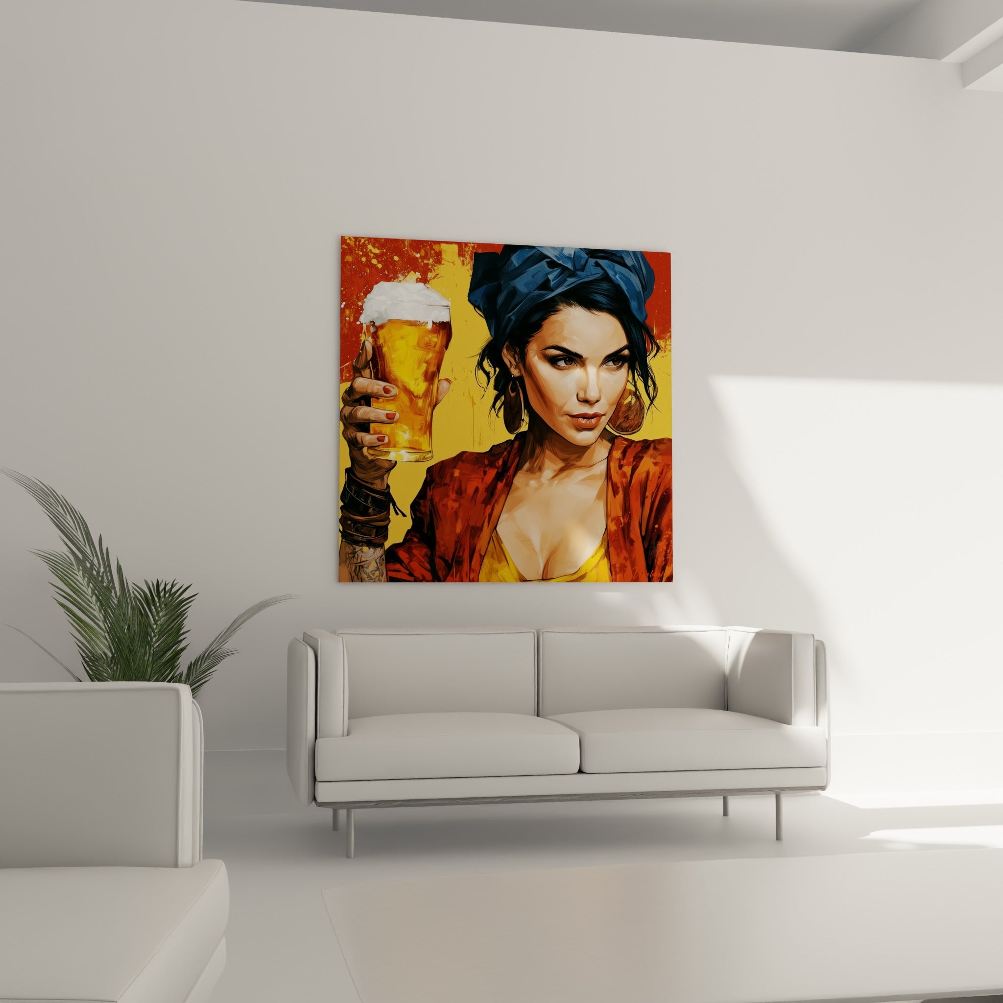Veste rouille et bandana bleu structurent ce portrait bière au-dessus d'un canapé dans un salon lumineux