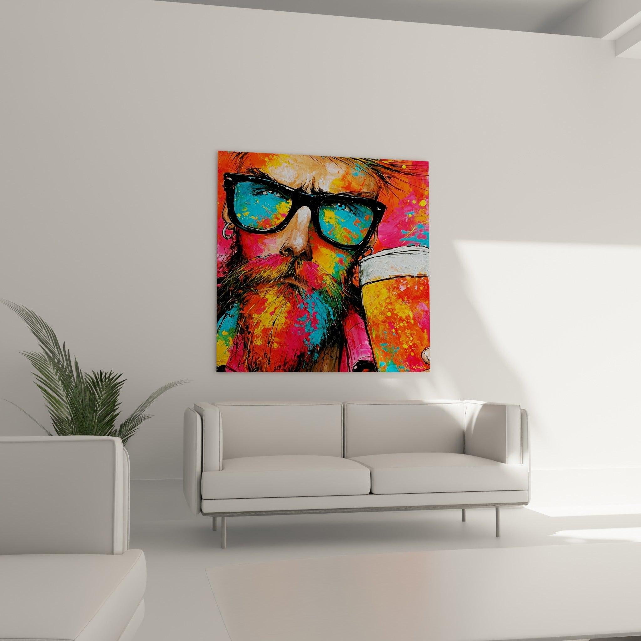 Visage expressif rose et orangé savourant une pinte dorée, au-dessus d'un canapé dans un salon lumineux