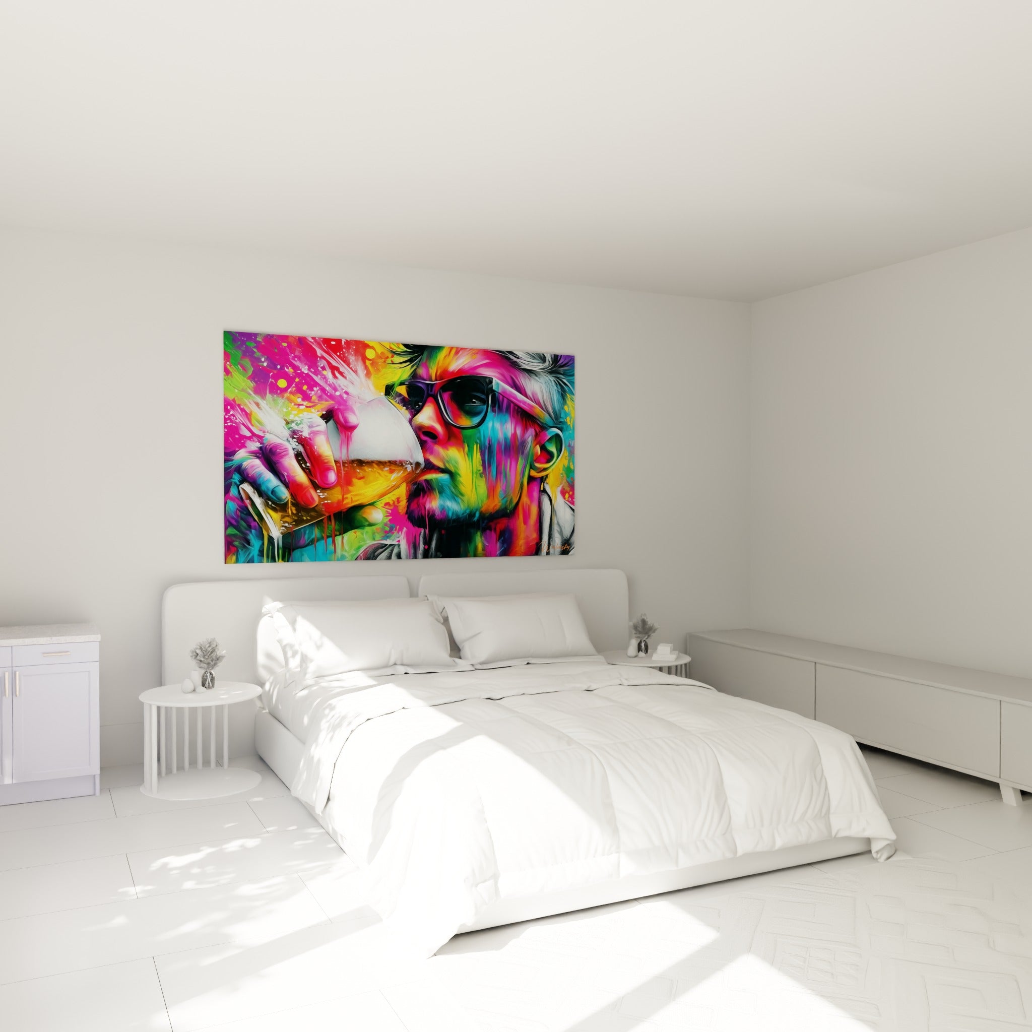 Portrait coloré buvant une bière, dégradés fuchsia et jaune, au-dessus d'un lit dans une chambre claire