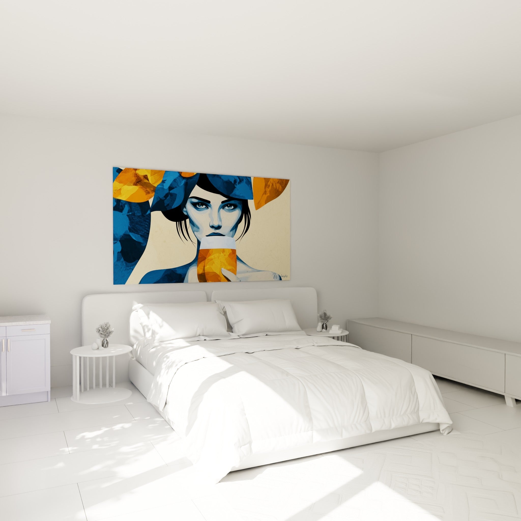 Portrait féminin bleu et orange dégustant une bière, accroché au-dessus d'un lit dans une chambre claire