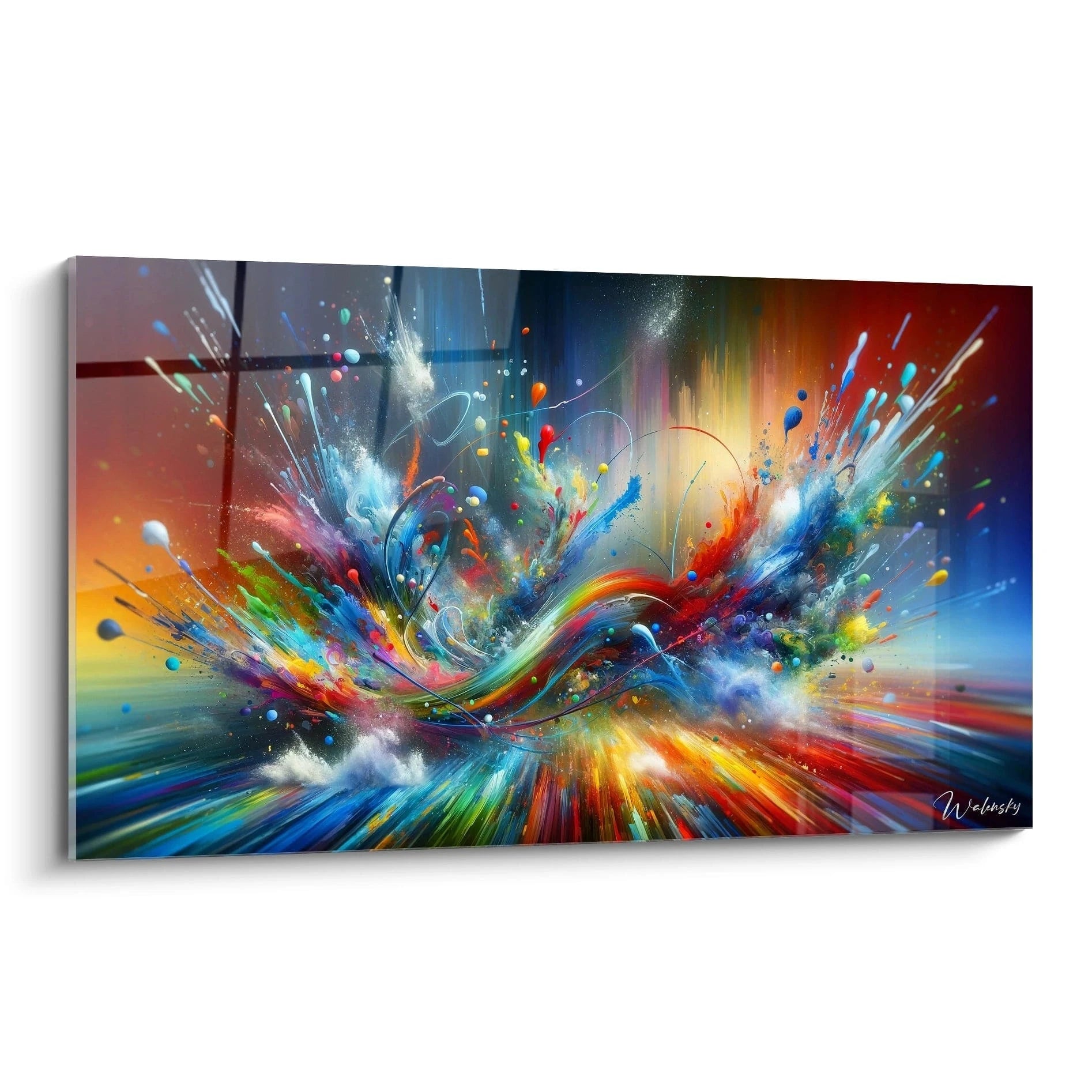 Tableau abstrait présentant une explosion de couleurs centrée avec rayonnement périphérique. Palette chromatique complète incluant bleu vif, rouge écarlate, jaune soleil et vert émeraude. Textures variées combinant éclaboussures, lignes fluides et points colorés. Composition dynamique avec mouvement centrifuge et traînées lumineuses.