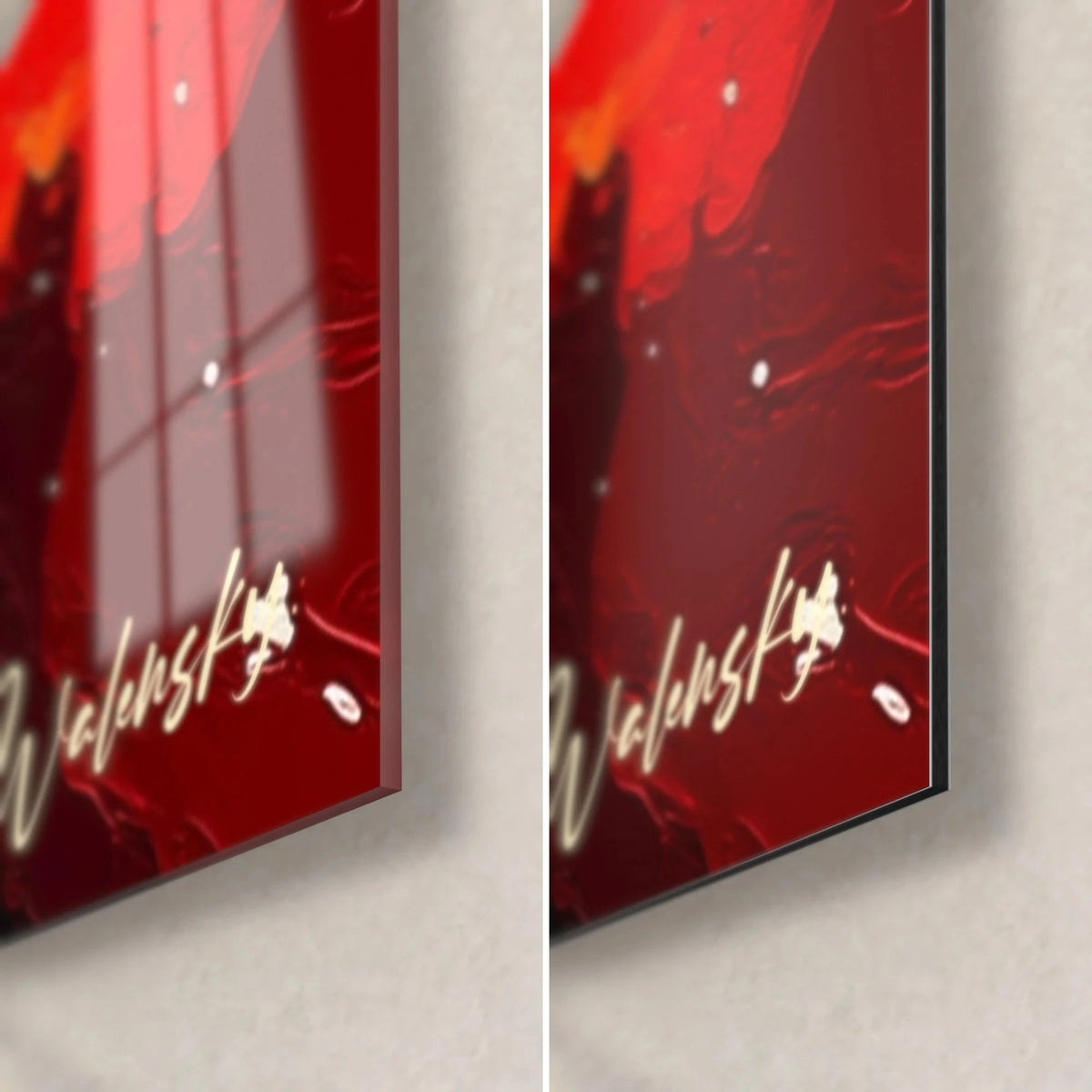 Cuadro Big Bang con salpicaduras rojo intenso, cristal acrílico brillante a la izquierda, aluminio Dibond mate a la derecha, canto de 3 mm