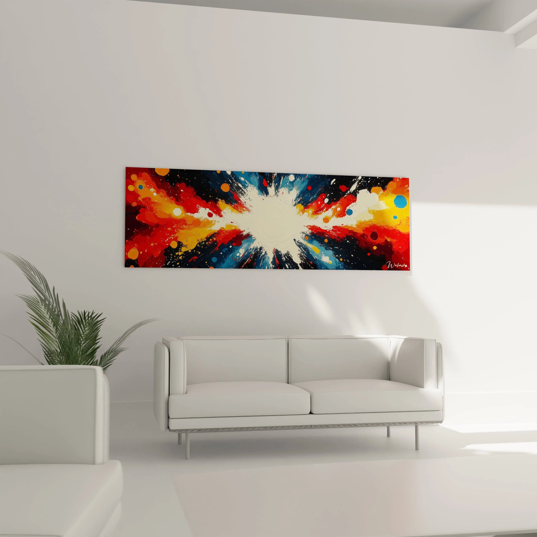 Tableau multicolore abstrait de Walensky avec des éclats de rouge, jaune et bleu sur fond blanc