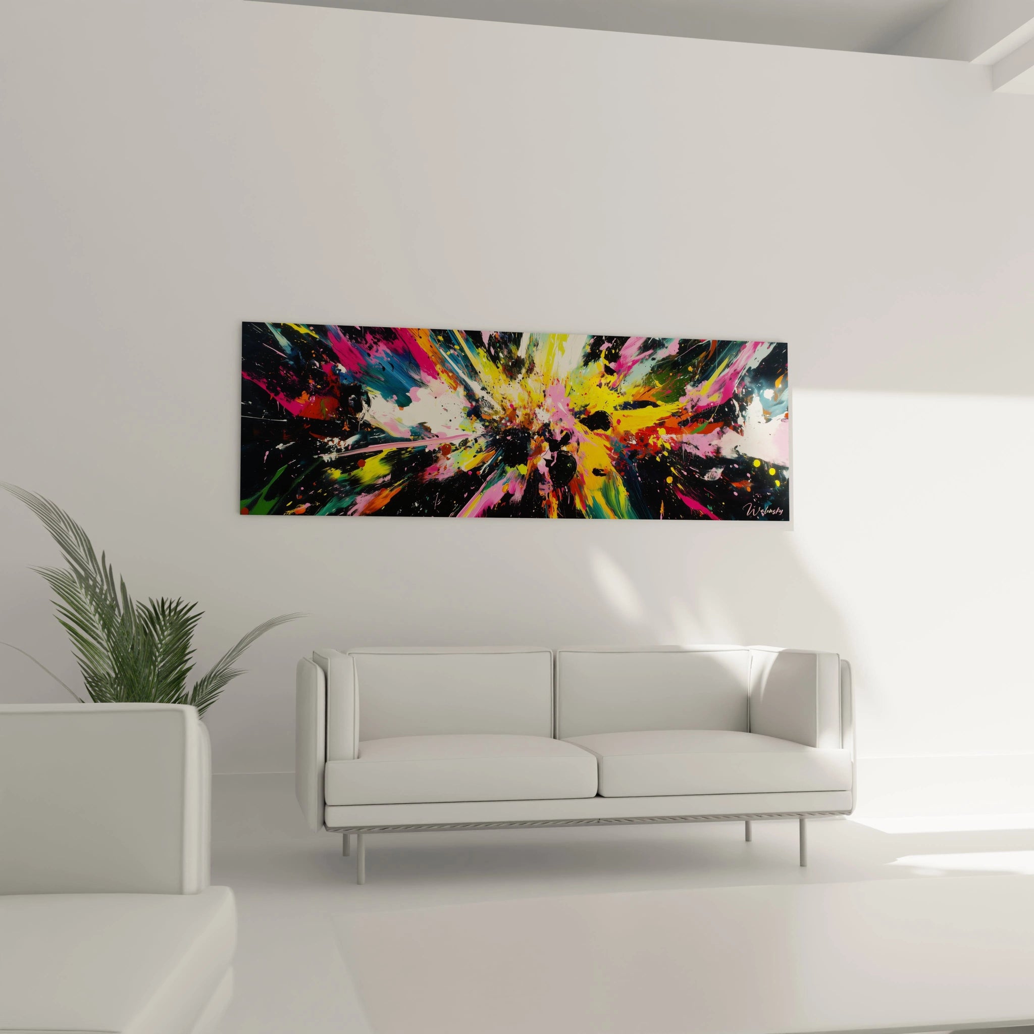 Un tableau abstrait explosif figurant une composition radiale de couleurs vibrantes sur fond noir, où des projections de peinture en rose vif, jaune éclatant, bleu turquoise et blanc s'entrechoquent dans un mouvement centrifuge créant une sensation de déflagration artistique figée dans le temps.