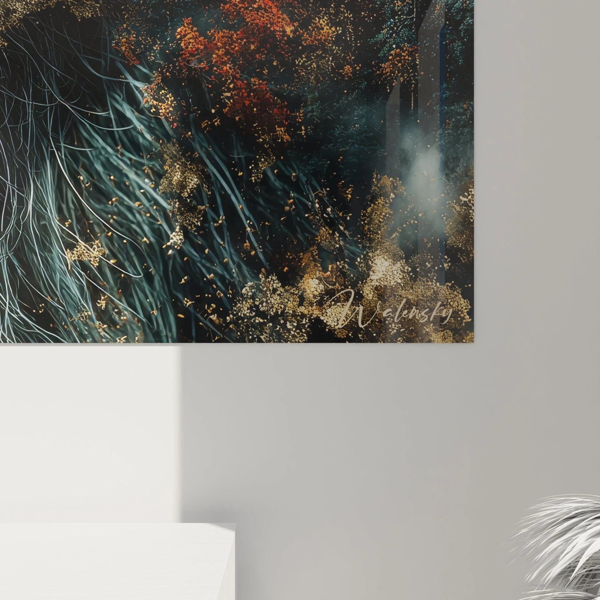 Vue ensemble tableau mural Bigfoot dans intérieur moderne, décoration art contemporain créature légendaire