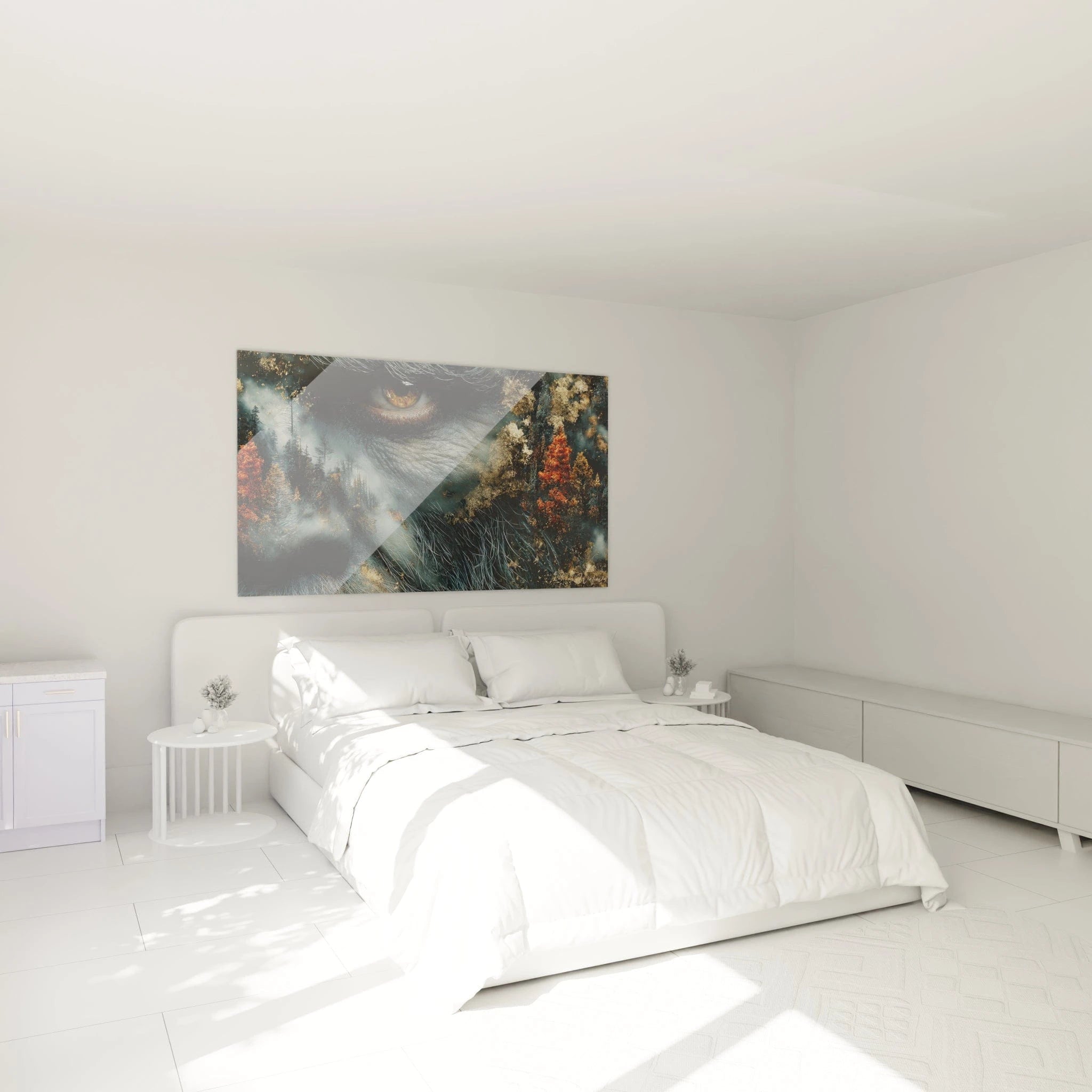 Ambiance chambre avec tableau Bigfoot nature automne, décoration murale moderne créature mystique