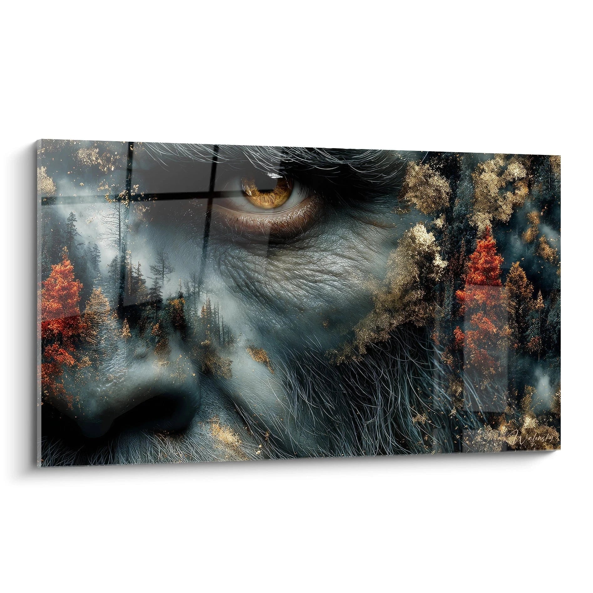 Tableau mural Bigfoot avec regard mystique dans paysage forestier automnal, art contemporain créature légendaire