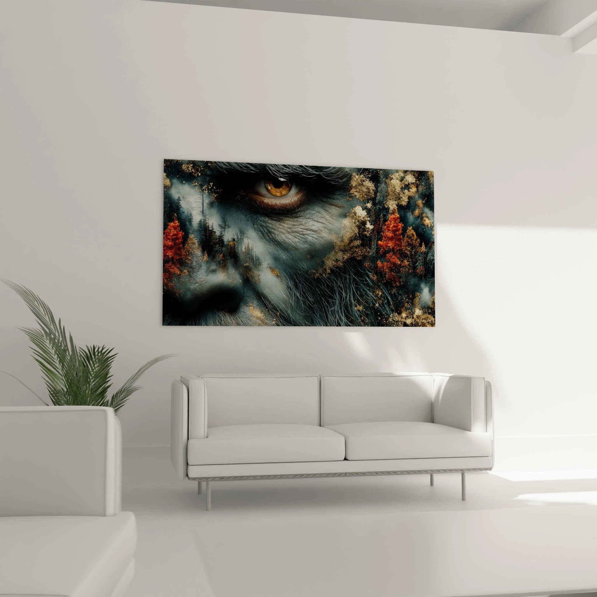 Gros plan tableau Bigfoot montrant détails fourrure et œil ambré, art mural haute définition