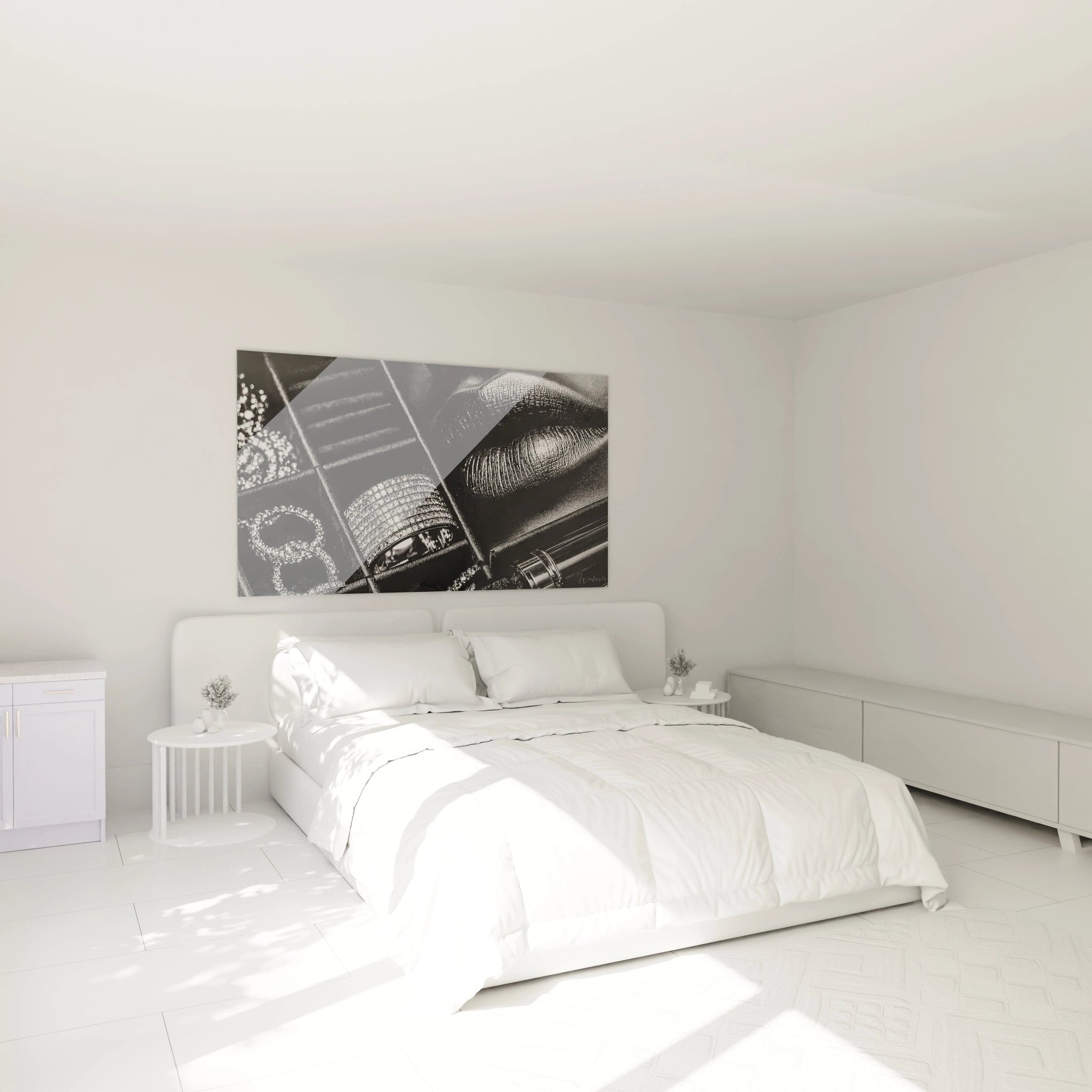 Tableau bijoux noir et blanc décoratif sur un mur dans une chambre lumineuse et moderne