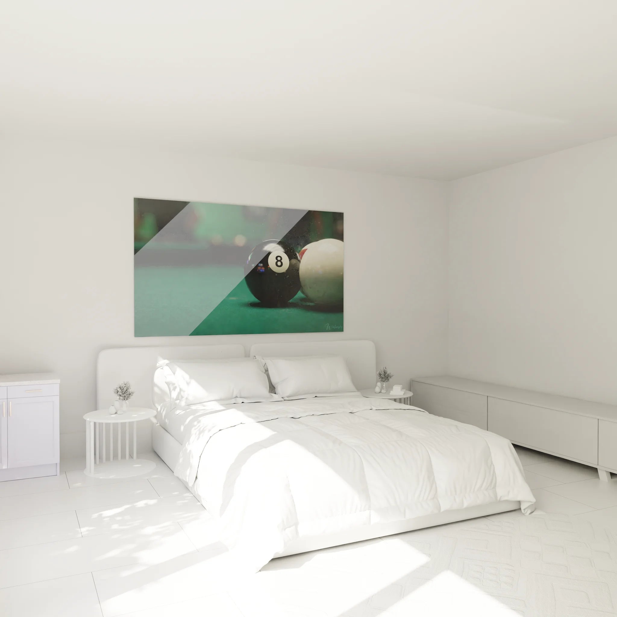 Ambiance chambre avec tableau billard boule 8, décoration murale sport élégante et moderne