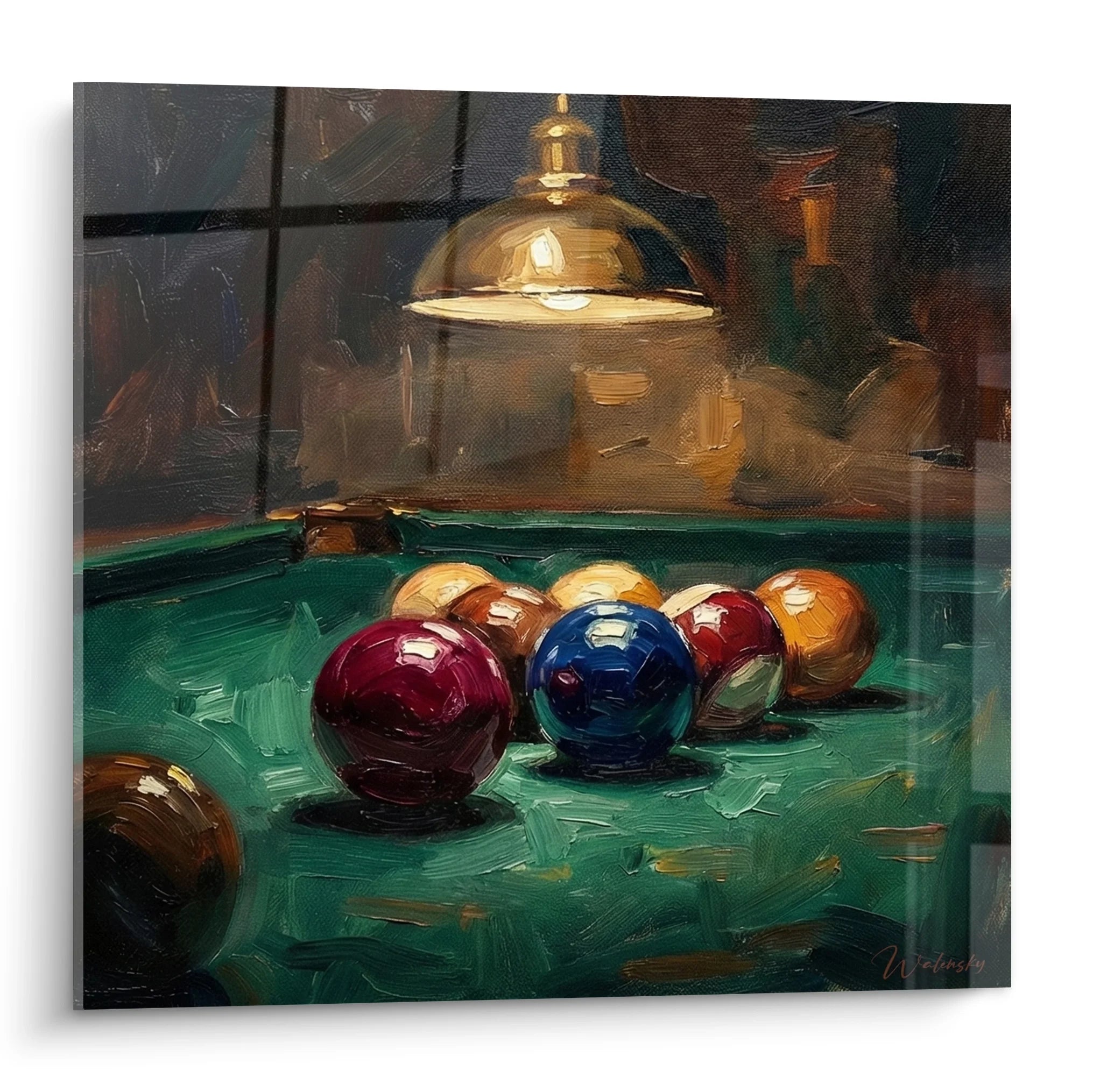 Tableau billard boules colorées sur feutre vert avec éclairage tamisé pour décoration murale