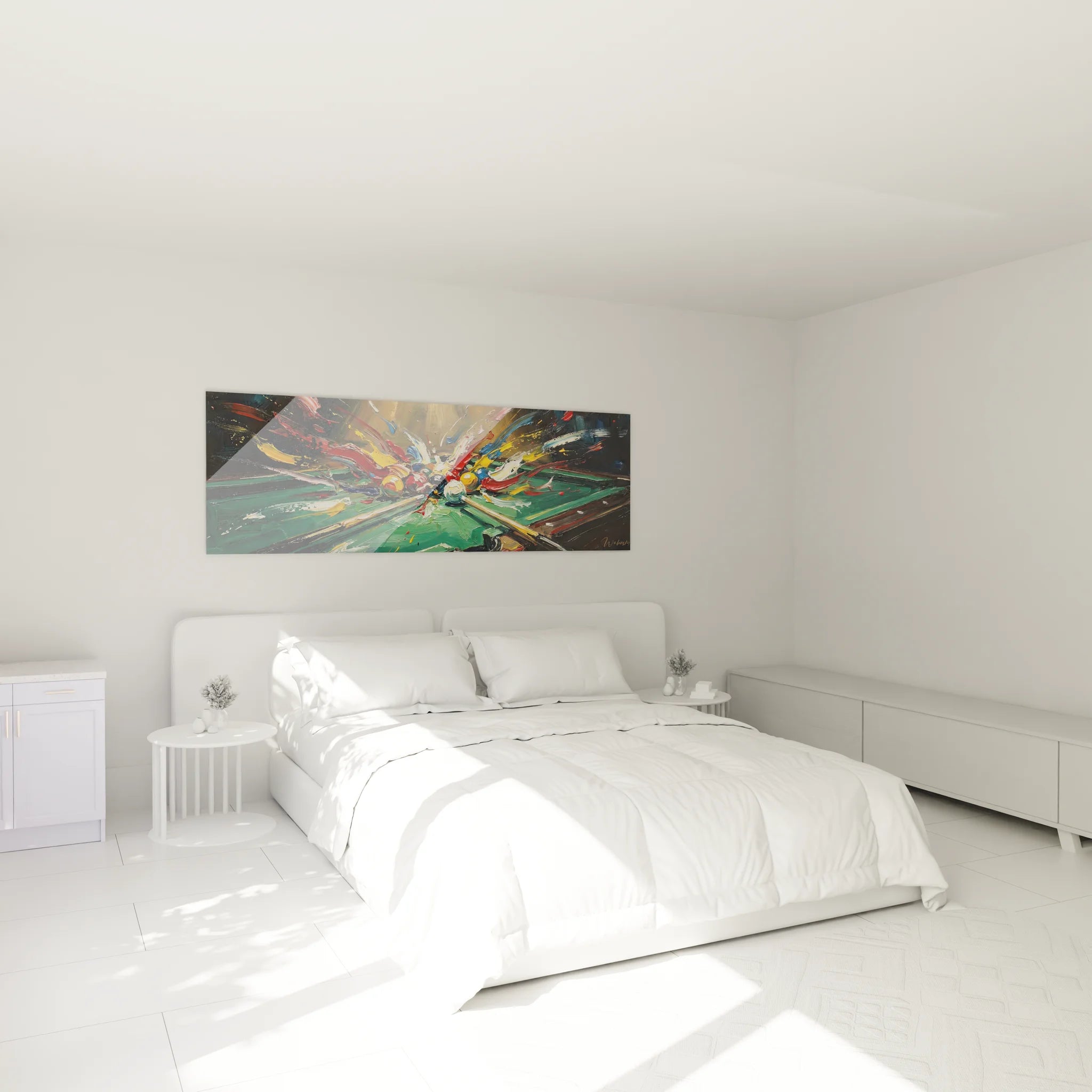 Tableau billard moderne dans chambre contemporaine, art mural explosion de couleurs sur tapis vert