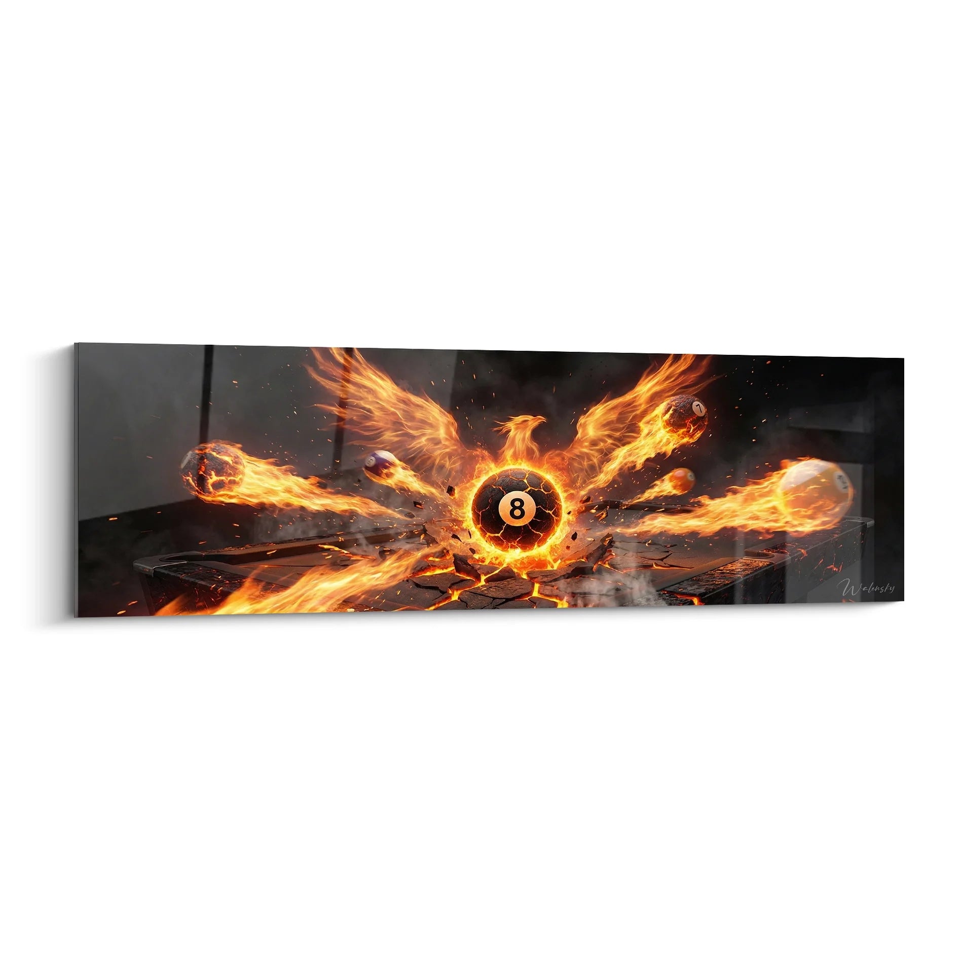 Tableau billard phénix de flammes avec boule 8 explosant en dragon de feu doré sur fond noir