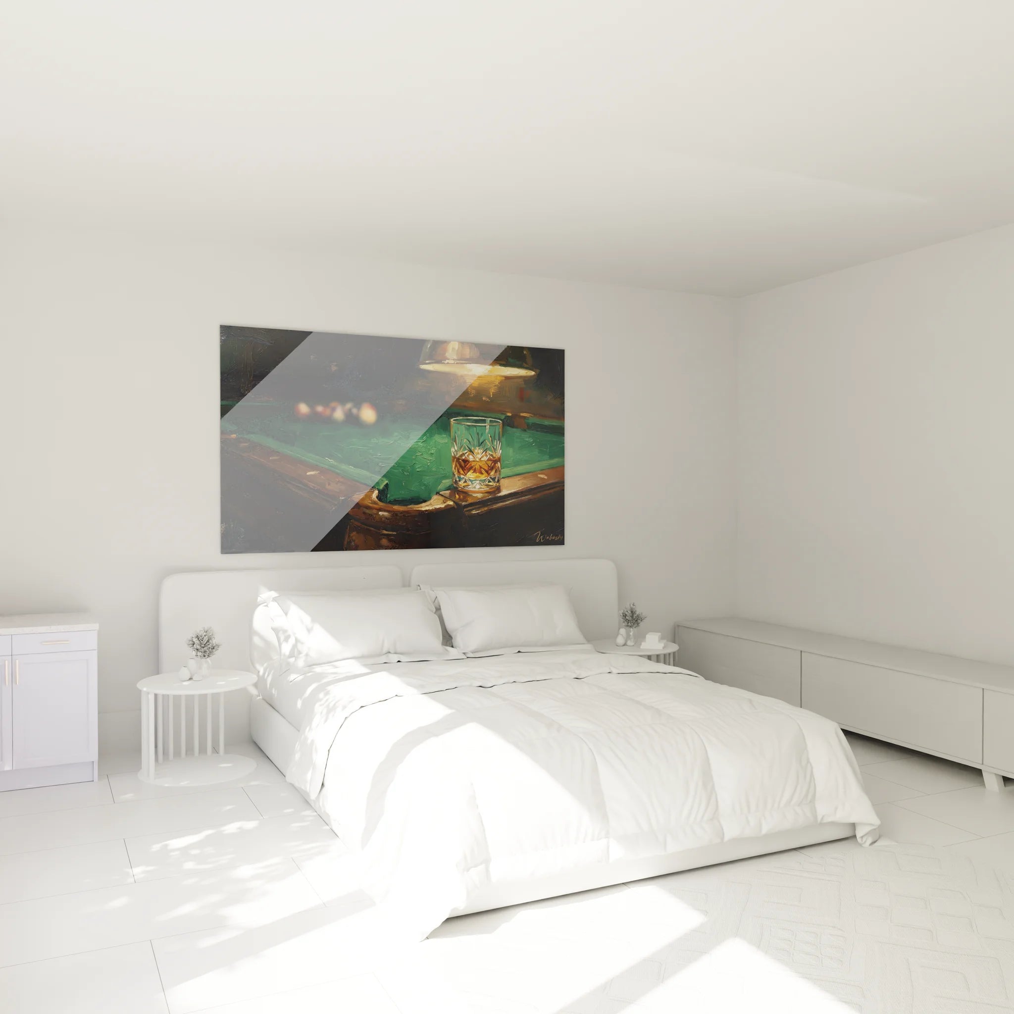 Tableau billard whisky décorant une chambre masculine avec ambiance club sophistiquée