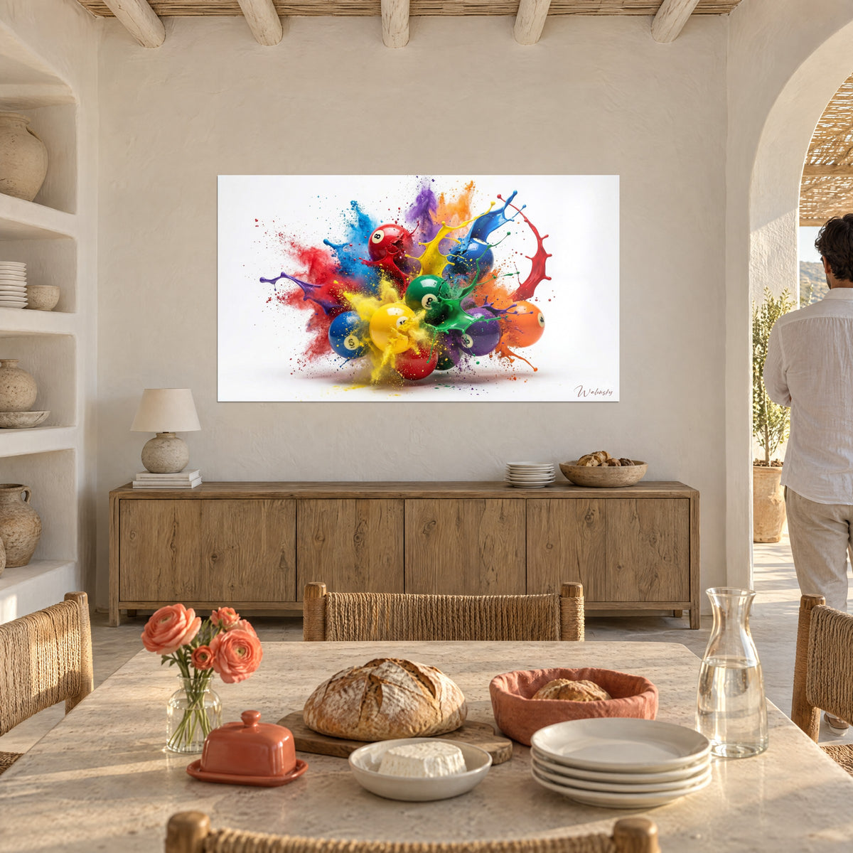 Cuadro chorros de pintura multicolor que salen de bolas roja, verde y azul, hombre de pie de espaldas, estanterías, mesa, pan y flores rojas