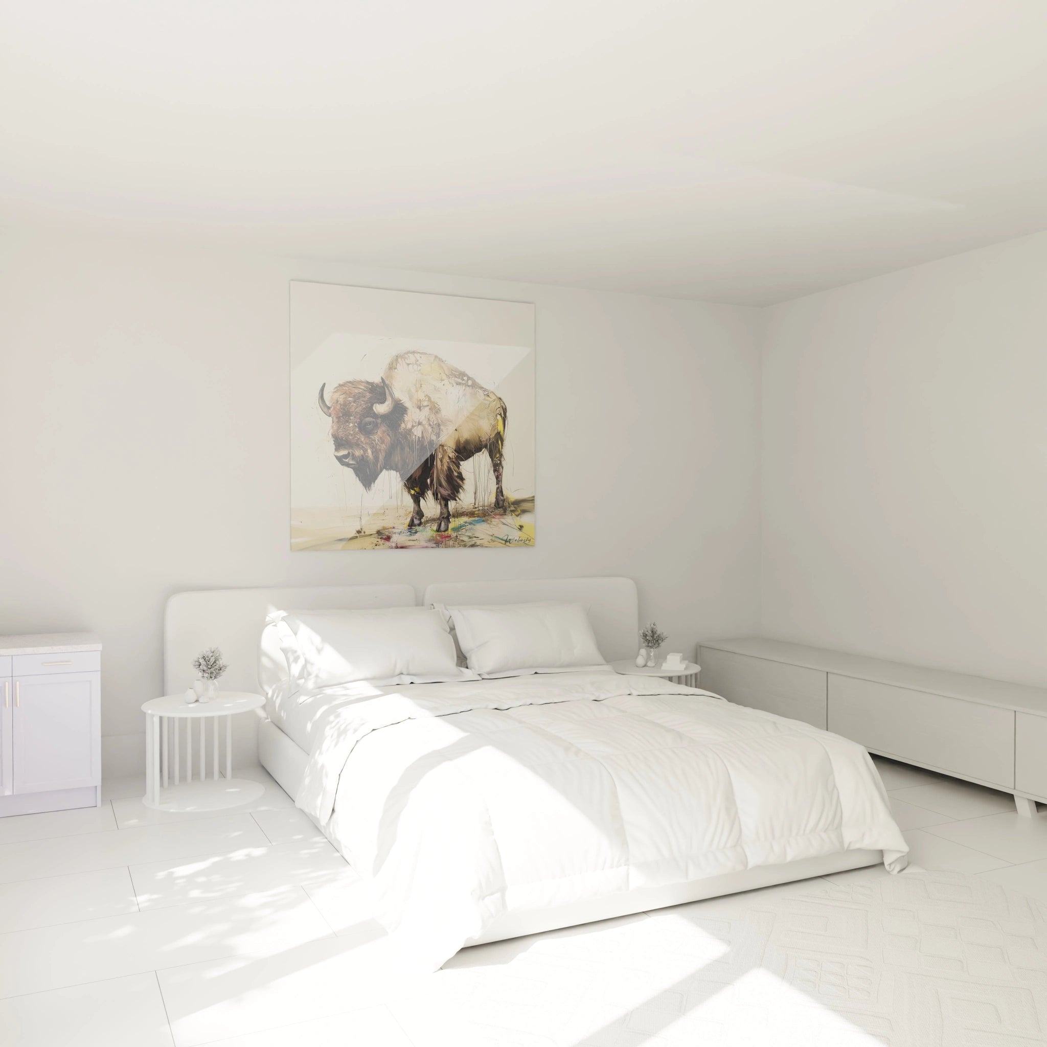 Tableau bison Walensky dans une chambre blanche moderne avec lit et meubles épurés
