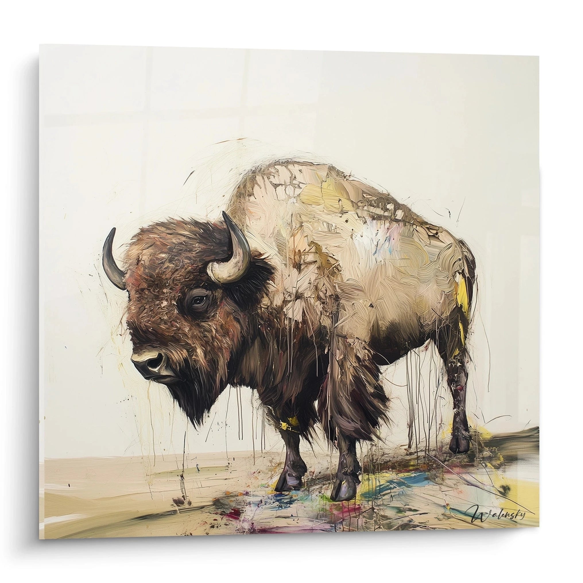 Tableau bison de Walensky avec des touches artistiques et des couleurs vibrantes sur fond clair